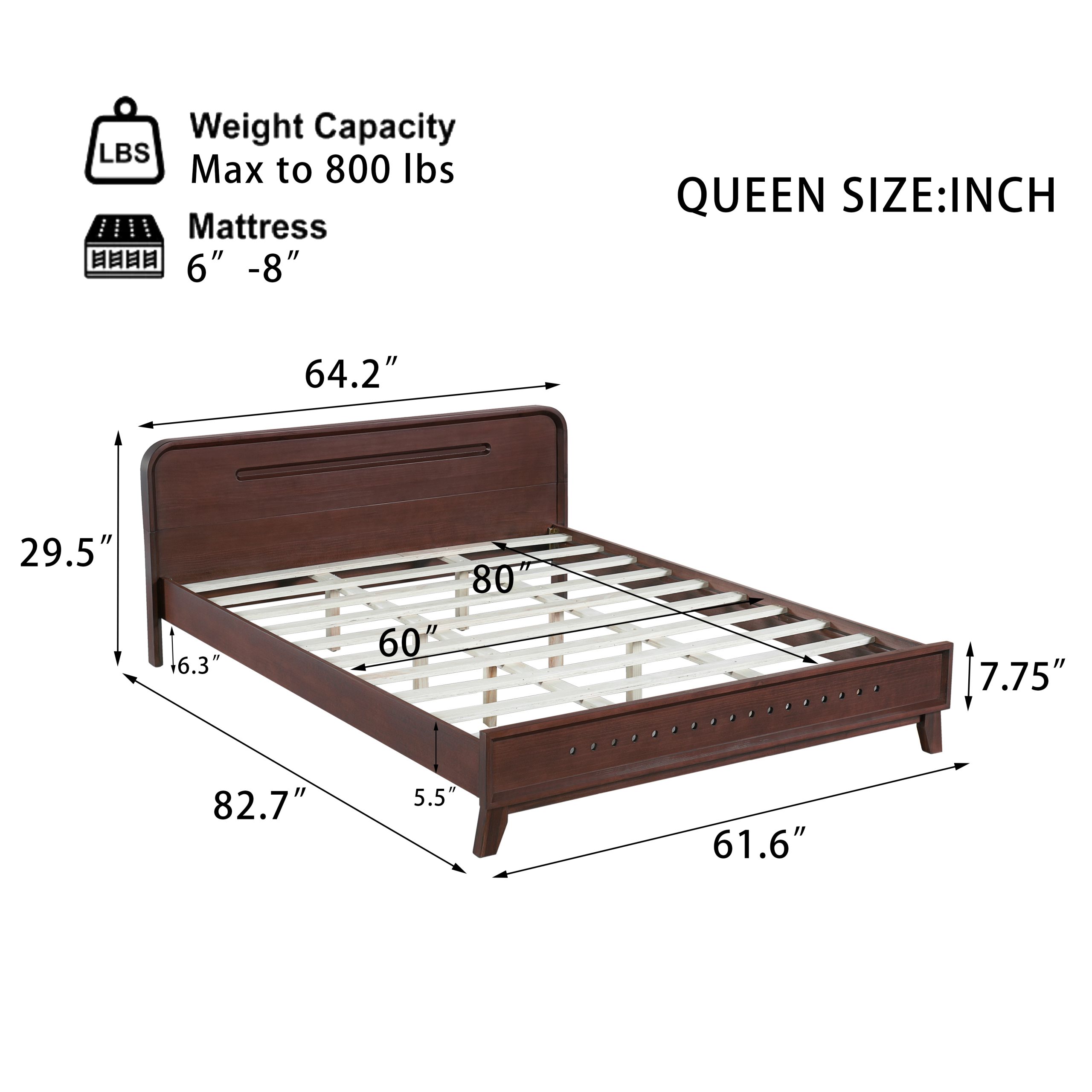 PINE SOLID WOOD QUEEN SIZE BED, SOLID AND STABLE, NO BOX SPRING NEEDED, DARK WALNUT COLOR - Image 2
