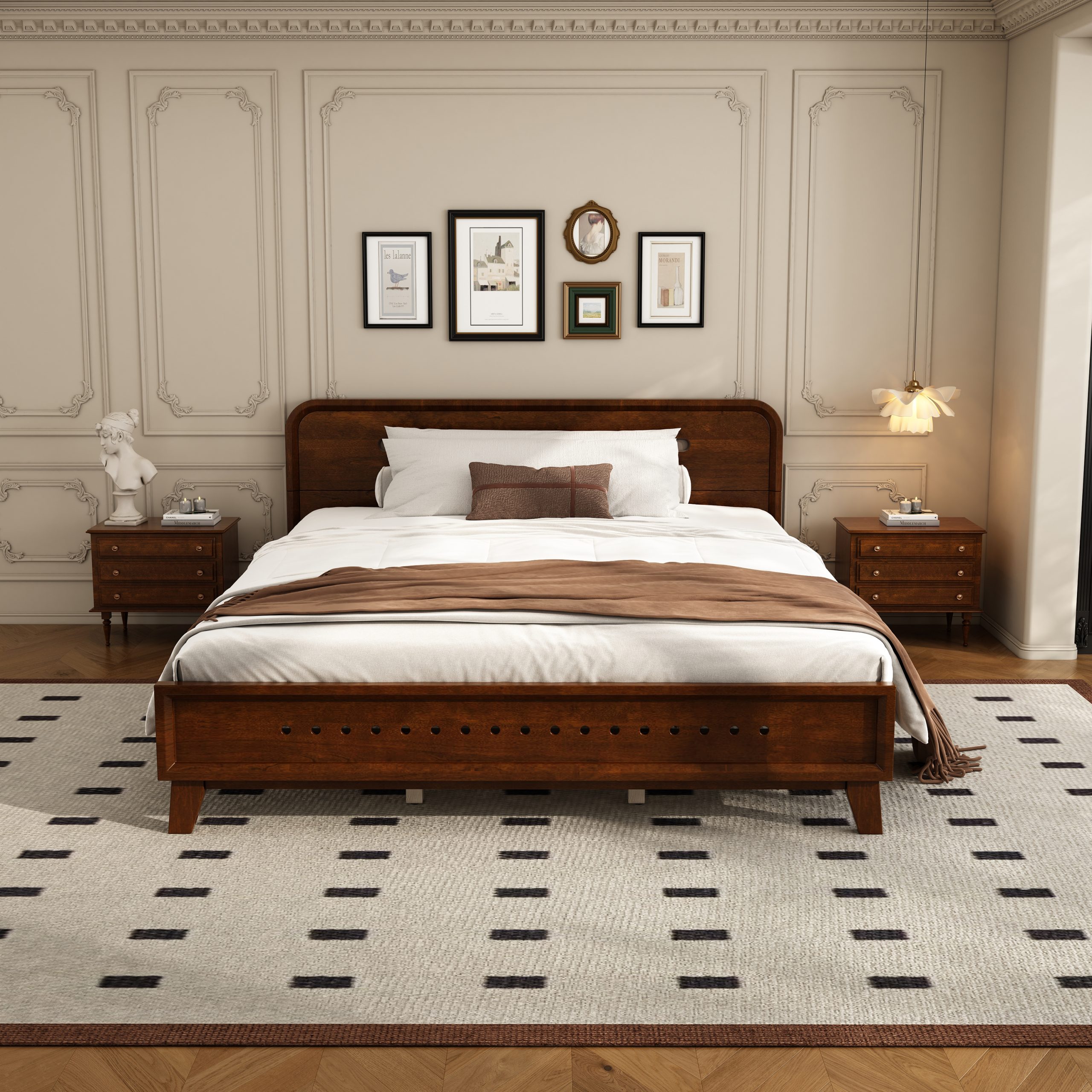 PINE SOLID WOOD QUEEN SIZE BED, SOLID AND STABLE, NO BOX SPRING NEEDED, DARK WALNUT COLOR - Image 3