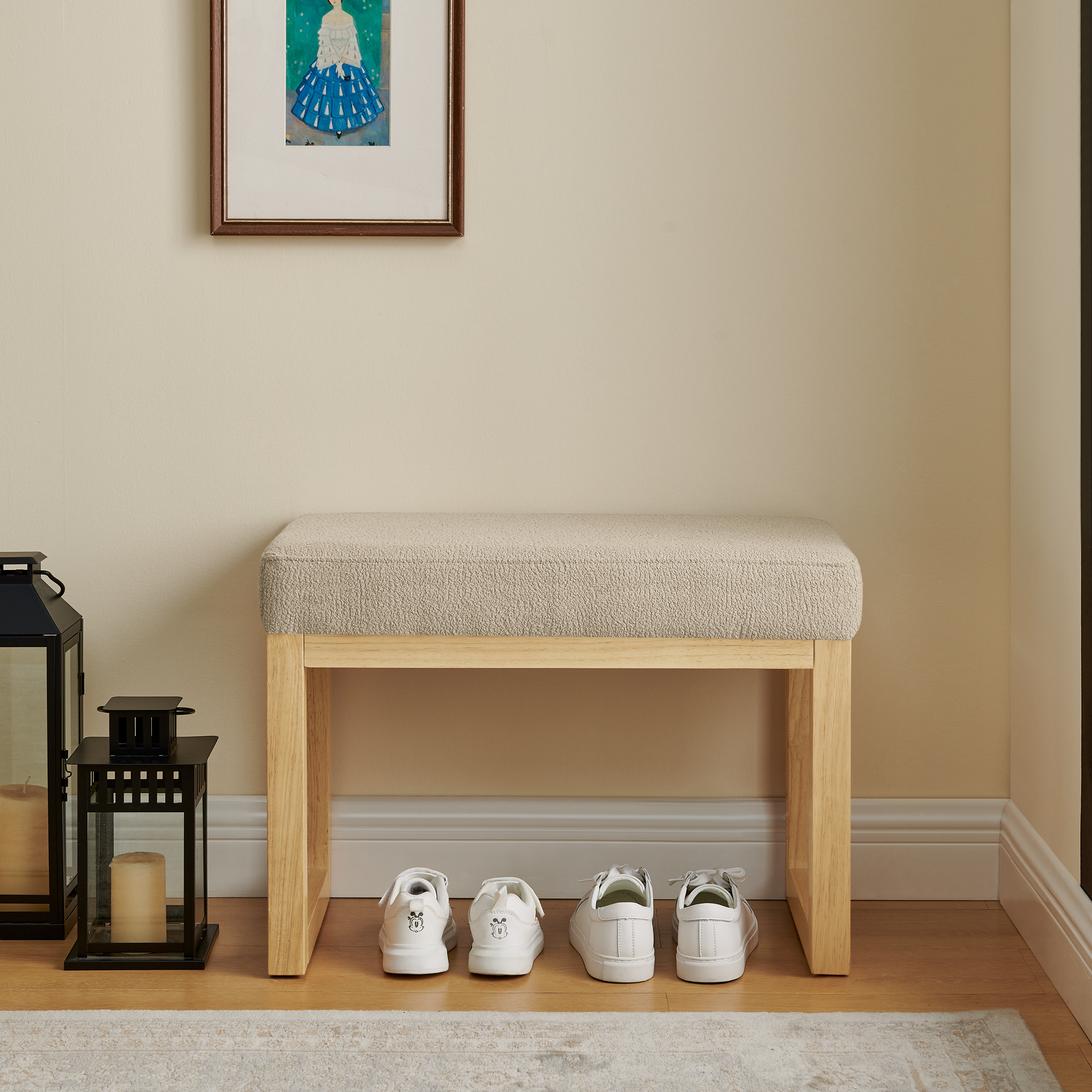Shoe-changing bench, a shoe-changing bench with a wooden frame and a soft cushioned seat, can be placed freely and is suitable for small spaces without taking up much space -Brown - Image 2