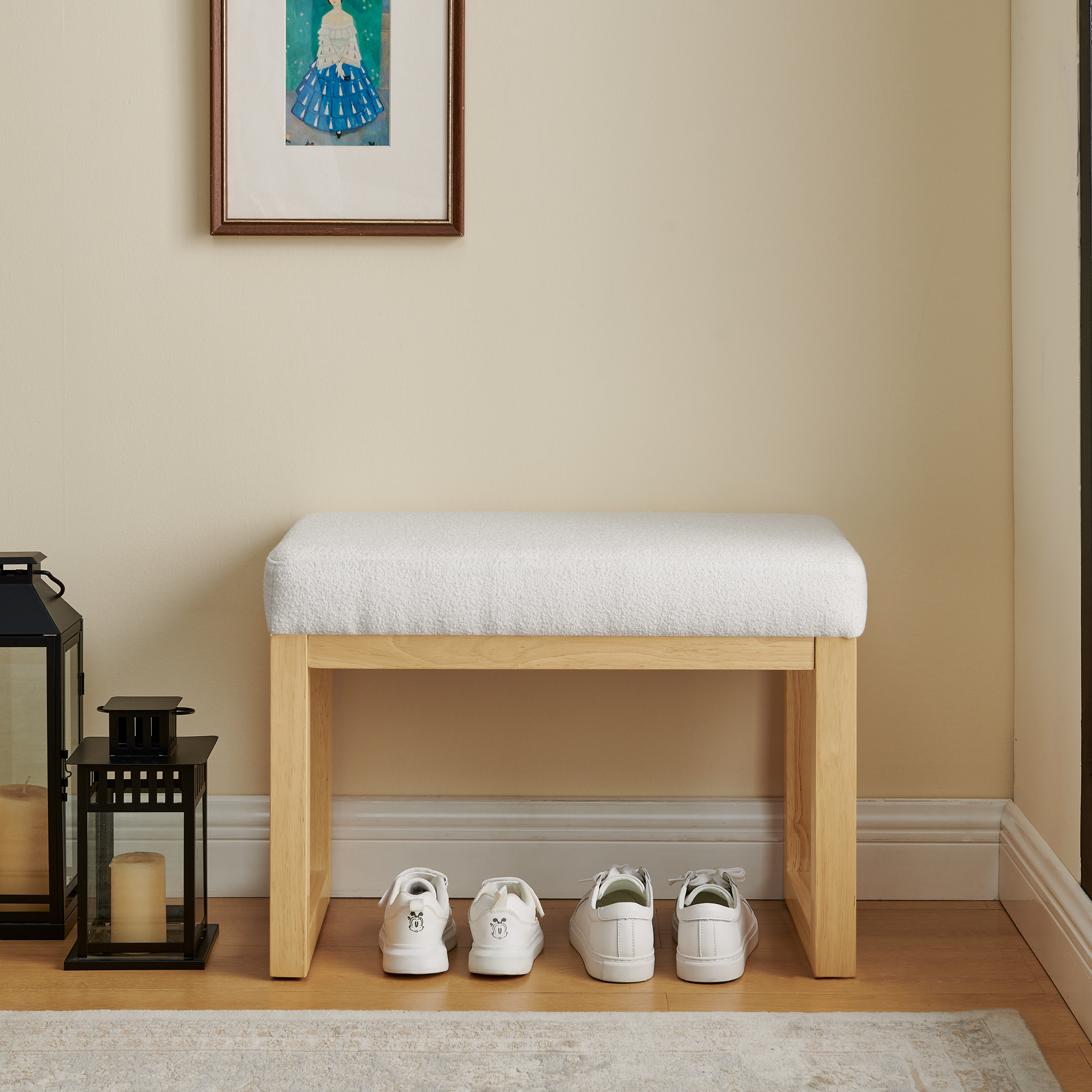 Shoe-changing bench, a shoe-changing bench with a wooden frame and a soft cushioned seat, can be placed freely and is suitable for small spaces without taking up much space - Beige - Image 2