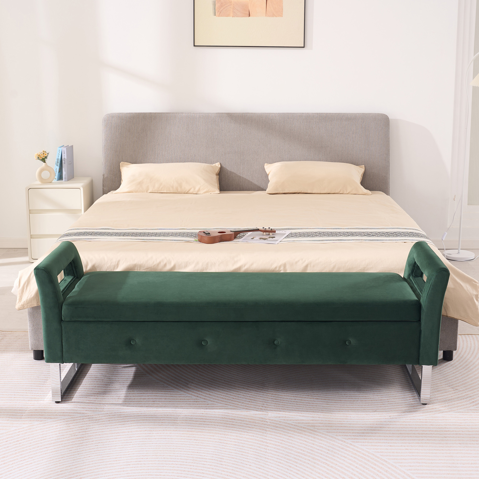 67.91"Wide Velvet Storage Soft Bench with Armrests for Living Room, Entryway and Bedroom. GREEN - Image 2