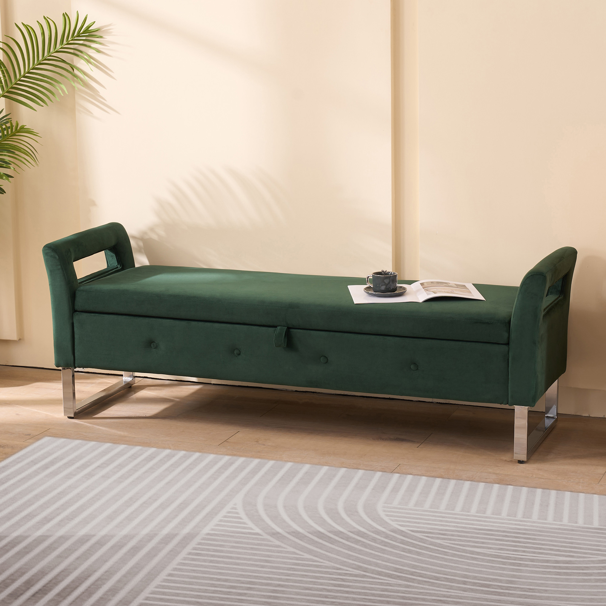 67.91"Wide Velvet Storage Soft Bench with Armrests for Living Room, Entryway and Bedroom. GREEN - Image 3