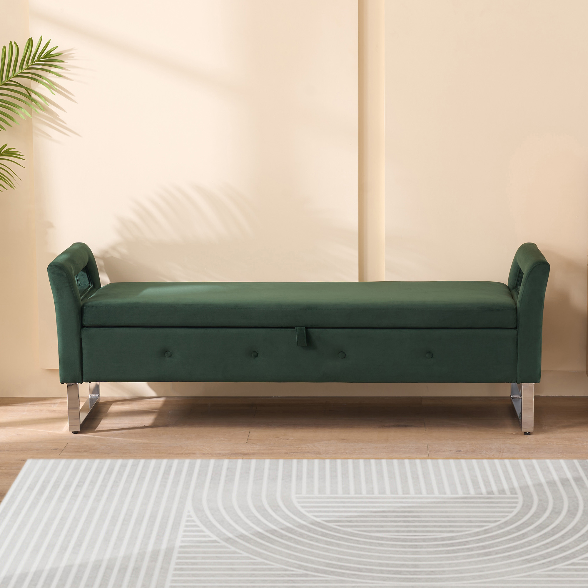67.91"Wide Velvet Storage Soft Bench with Armrests for Living Room, Entryway and Bedroom. GREEN - Image 4