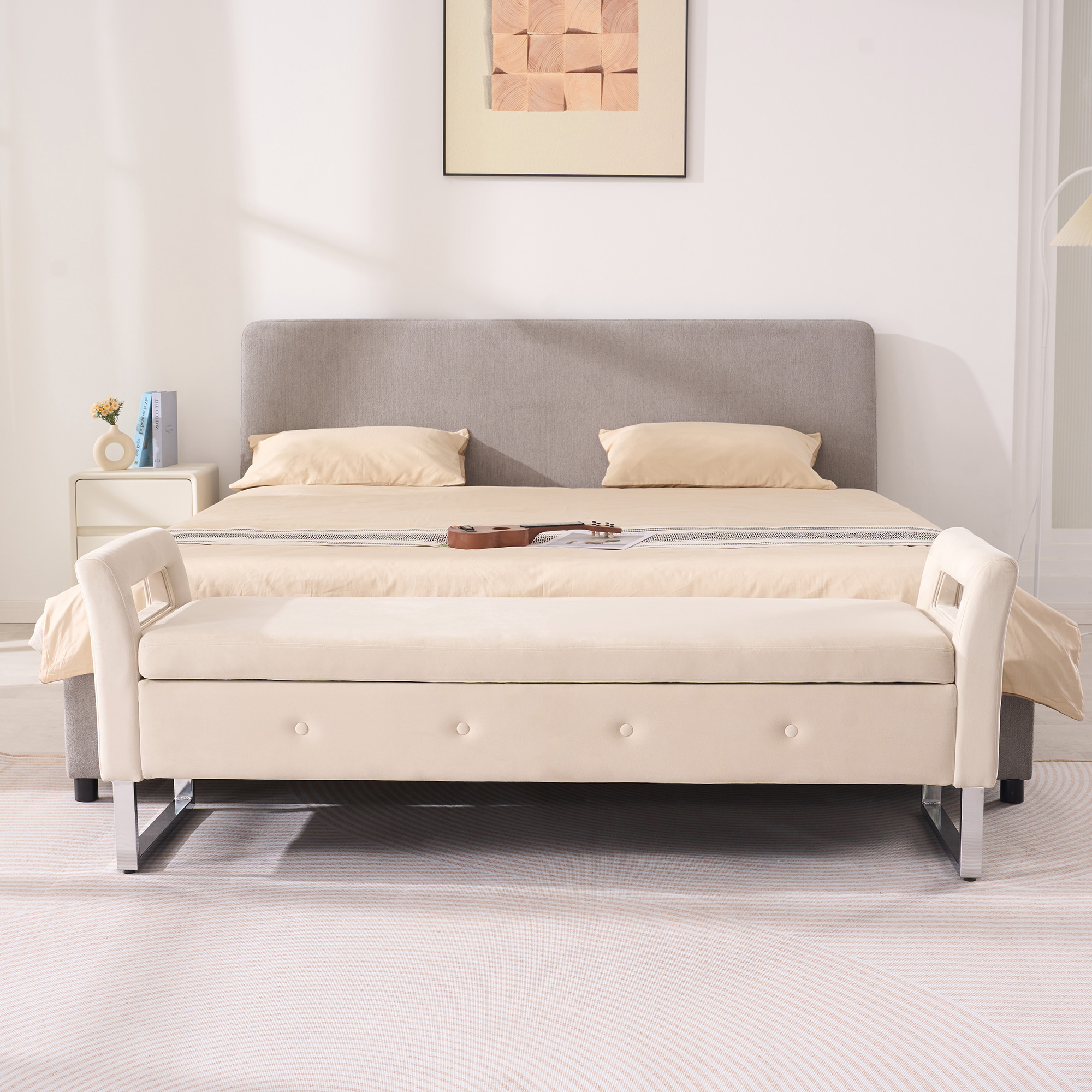 67.91"Wide Velvet Storage Soft Bench with Armrests for Living Room, Entryway and Bedroom. Beige - Image 2