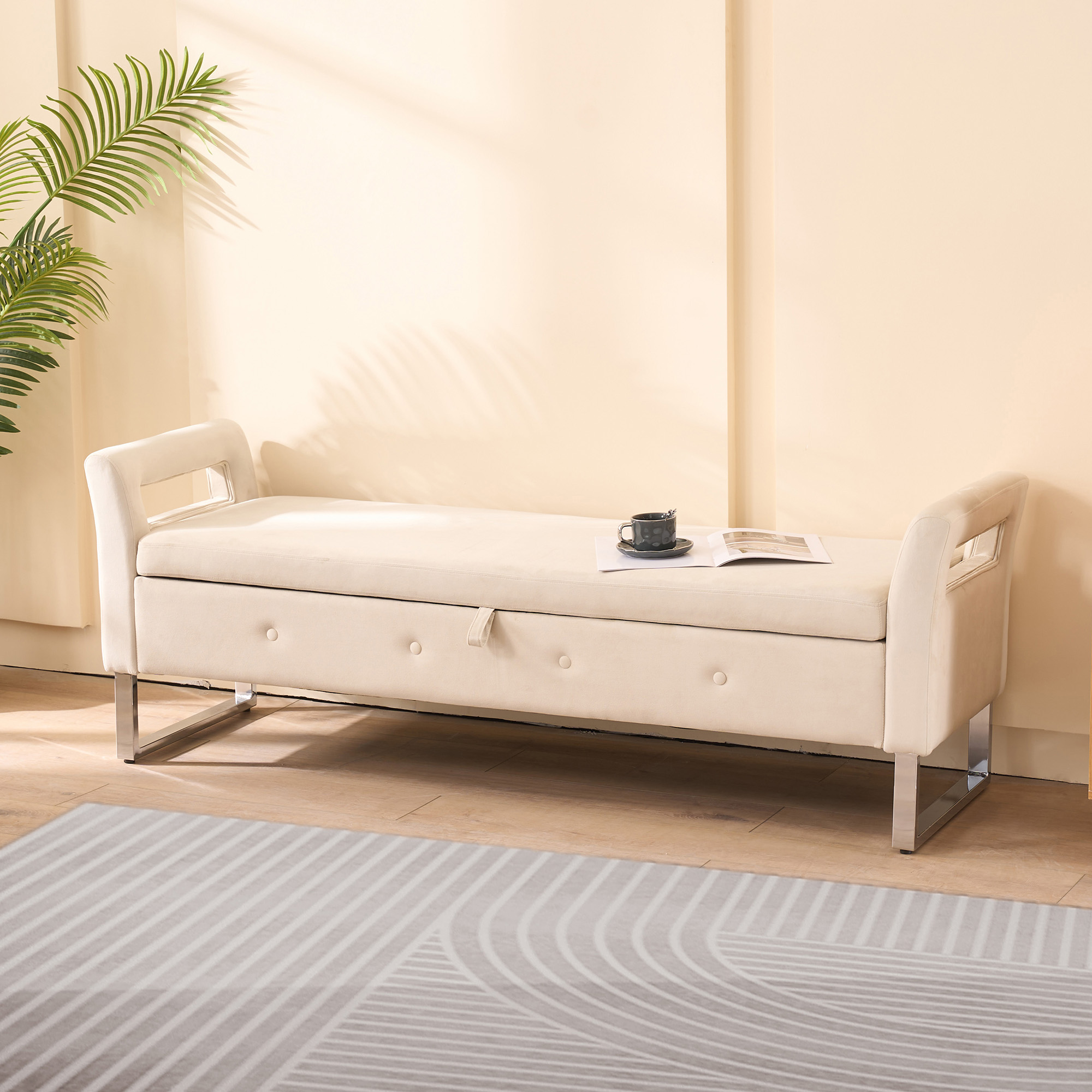 67.91"Wide Velvet Storage Soft Bench with Armrests for Living Room, Entryway and Bedroom. Beige - Image 3