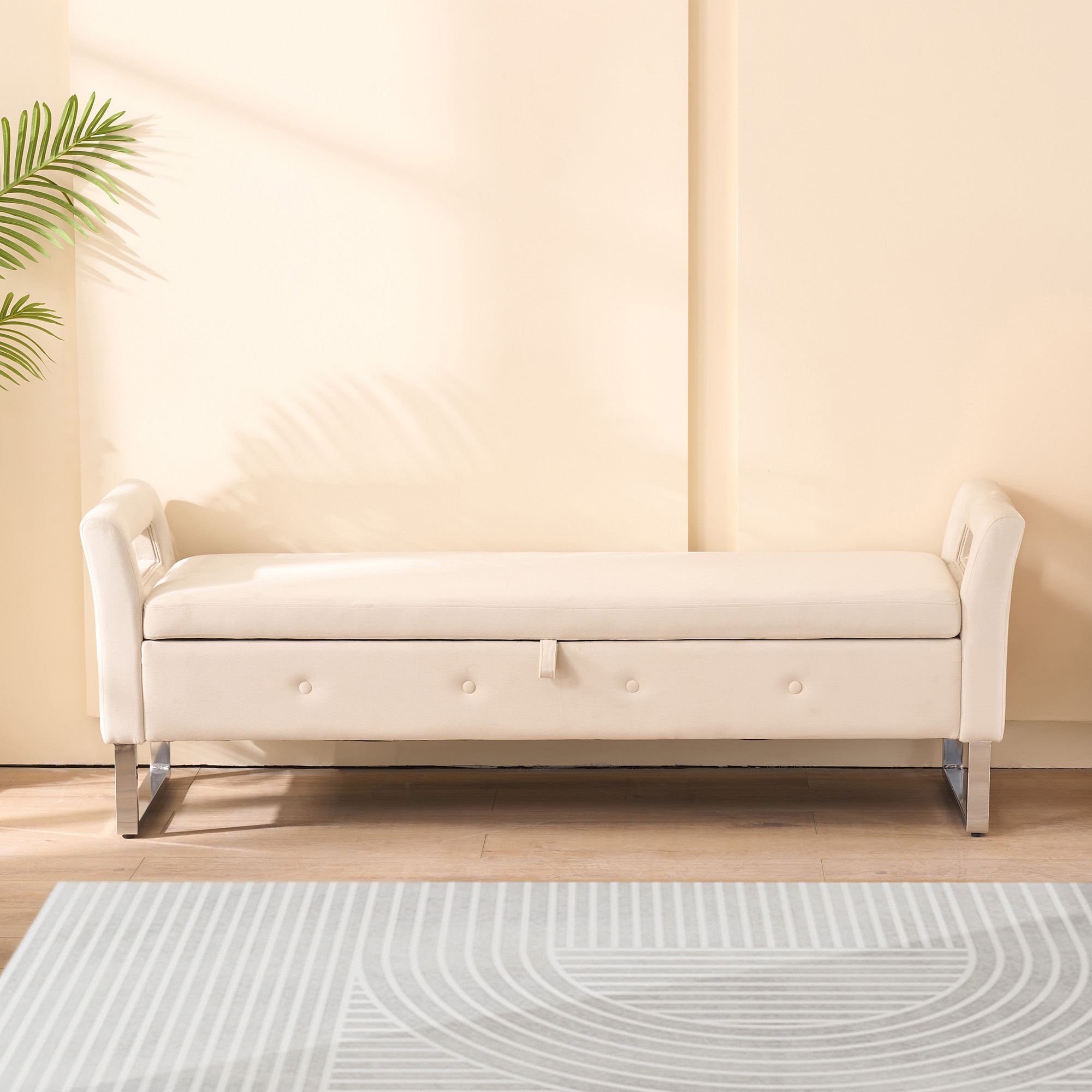 67.91"Wide Velvet Storage Soft Bench with Armrests for Living Room, Entryway and Bedroom. Beige - Image 4
