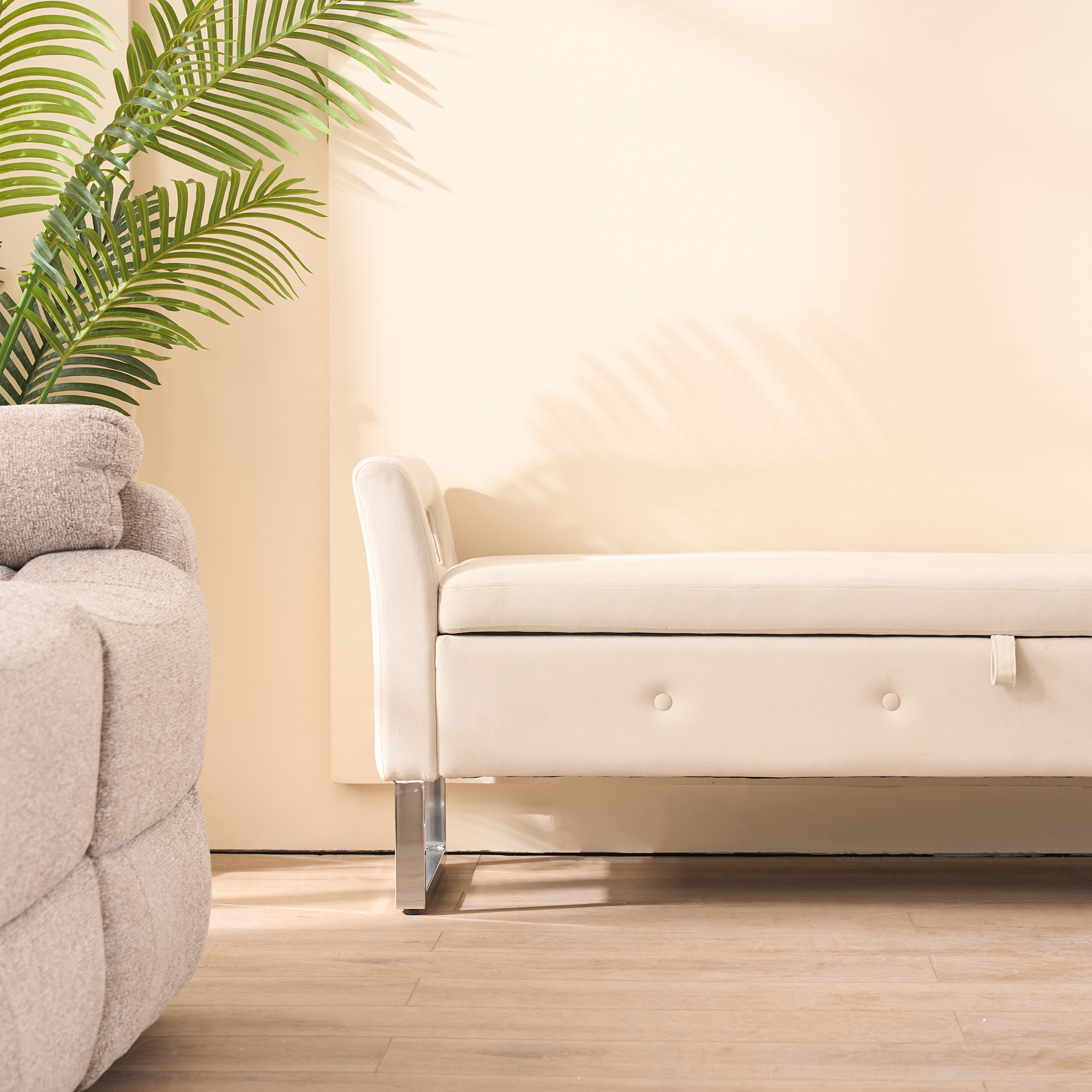 67.91"Wide Velvet Storage Soft Bench with Armrests for Living Room, Entryway and Bedroom. Beige - Image 5