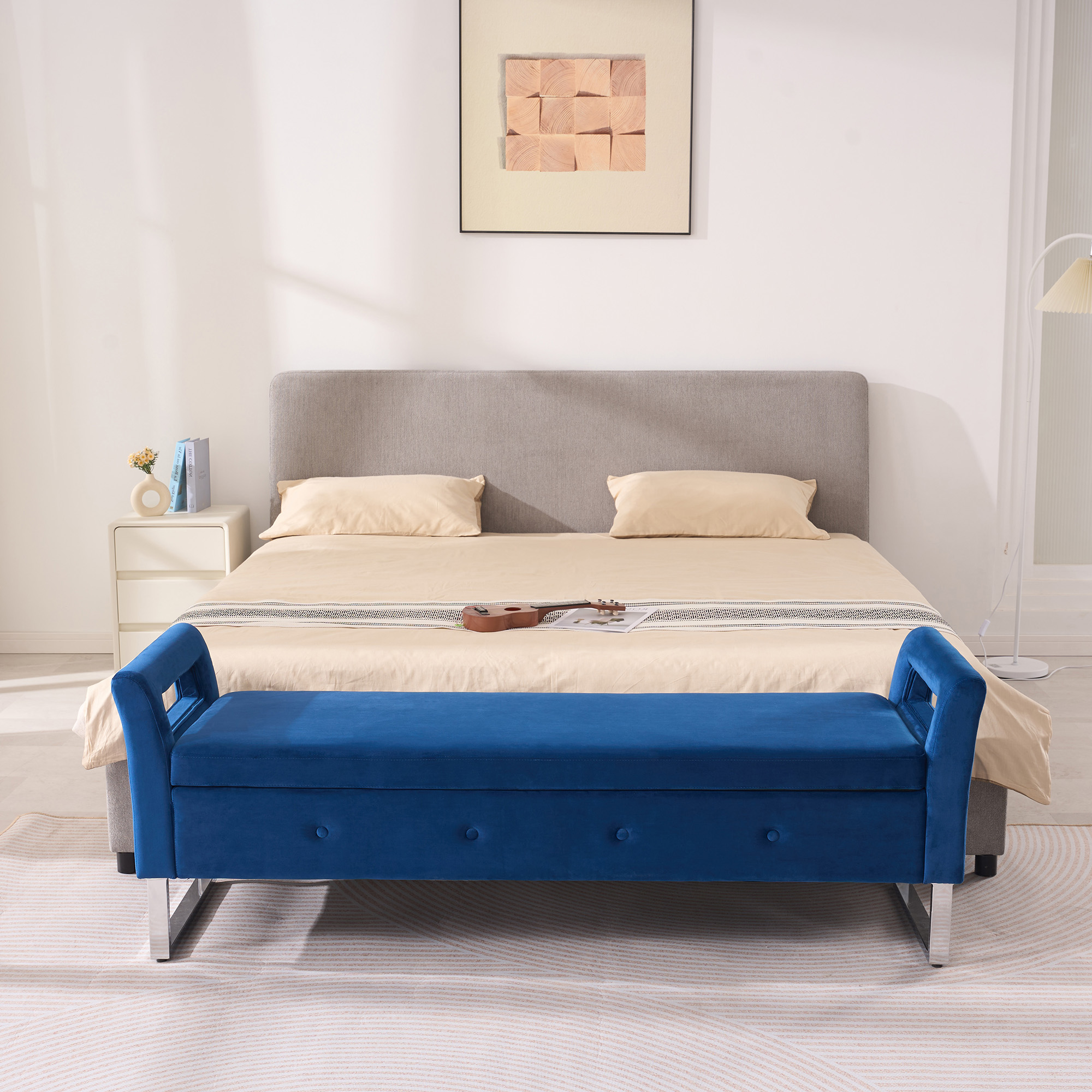 67.91"Wide Velvet Storage Soft Bench with Armrests for Living Room, Entryway and Bedroom. Navy - Image 2