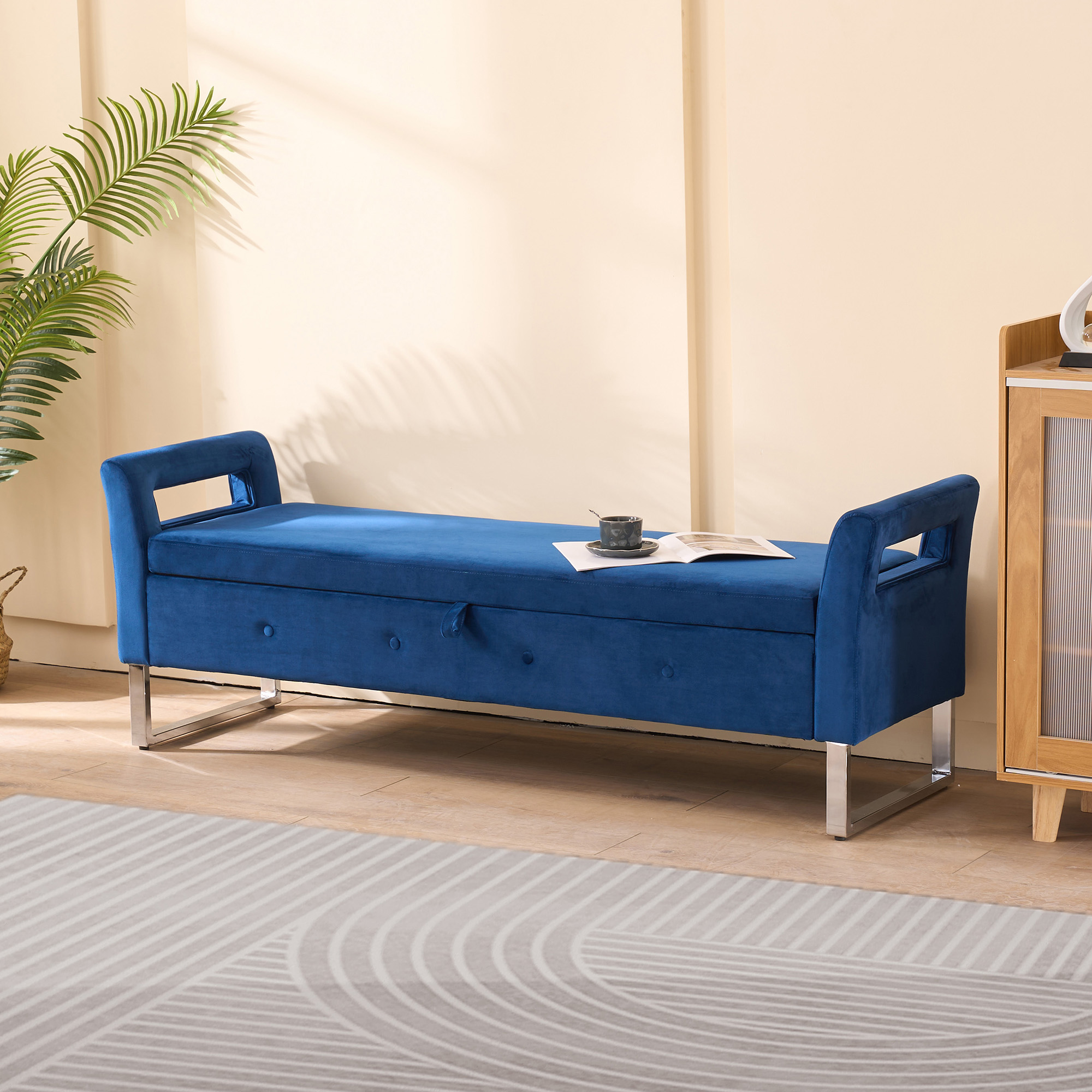 67.91"Wide Velvet Storage Soft Bench with Armrests for Living Room, Entryway and Bedroom. Navy - Image 3