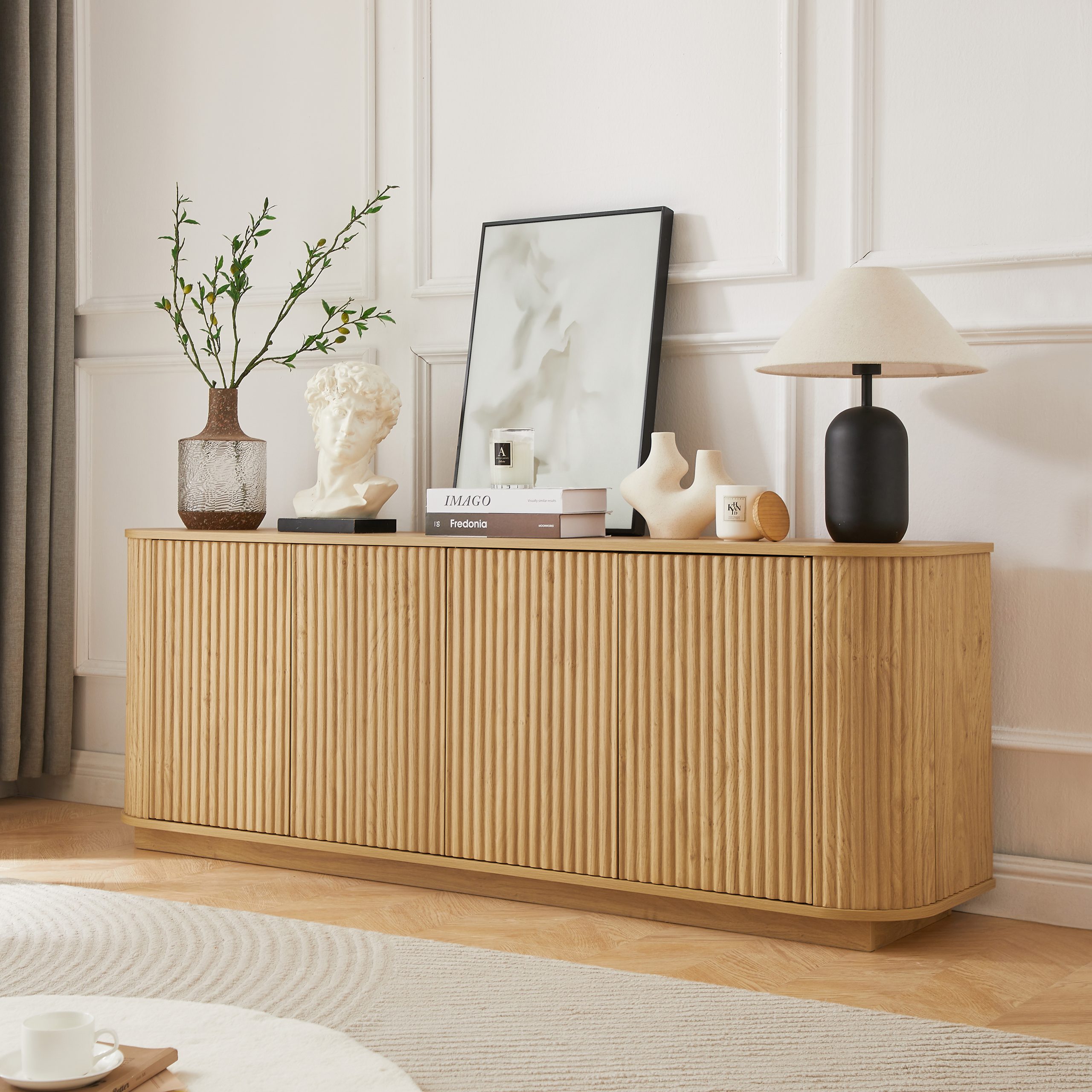 Sideboard Storage Cabinet TV Stand with wave pattern Buffet Cabinet Wooden Vertical Striped Cabinet for Kitchen/Bedroom/Entryway. Natural, 64”W x 15”D x 24”H.