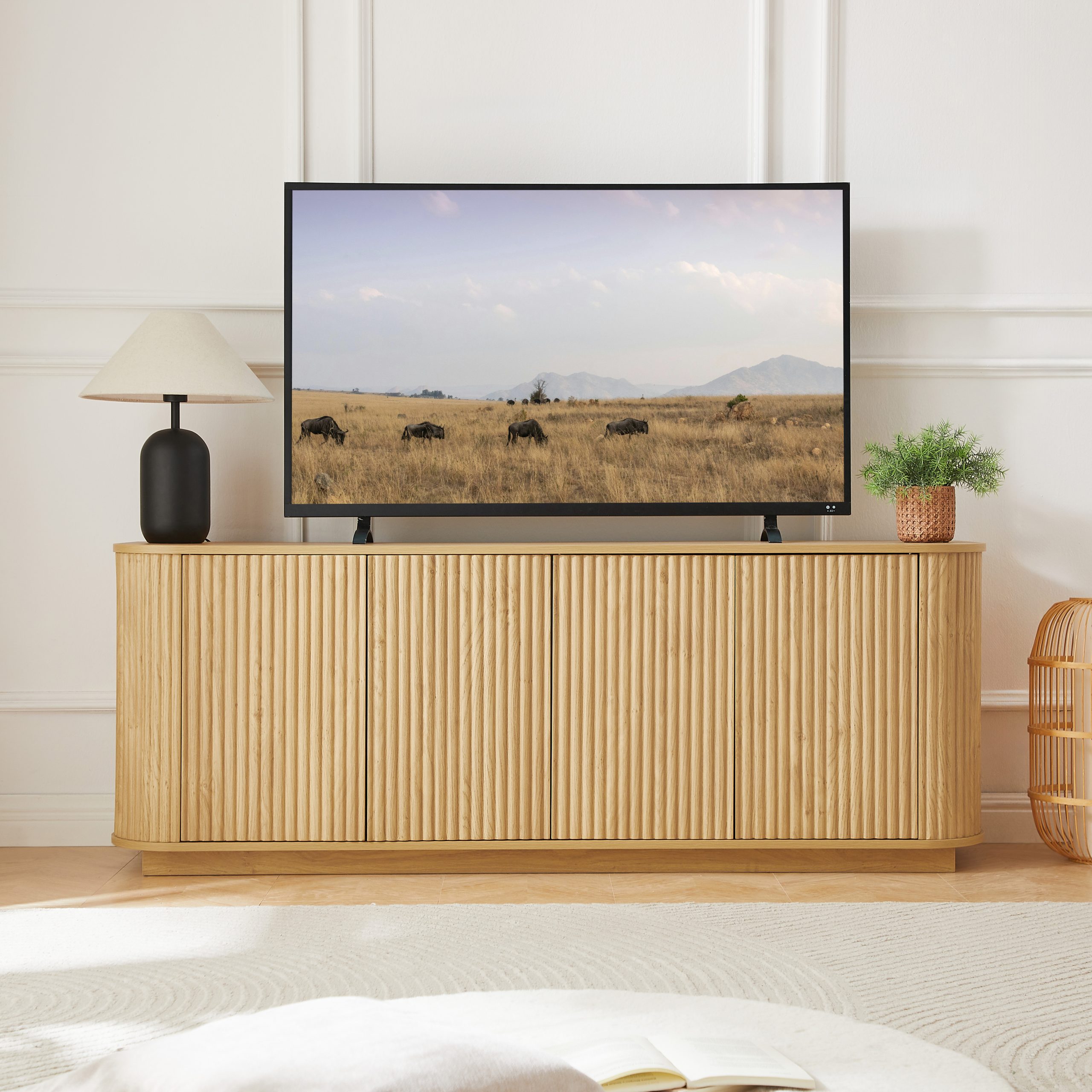 Sideboard Storage Cabinet TV Stand with wave pattern Buffet Cabinet Wooden Vertical Striped Cabinet for Kitchen/Bedroom/Entryway. Natural, 64''W x 15''D x 24''H. - Image 2