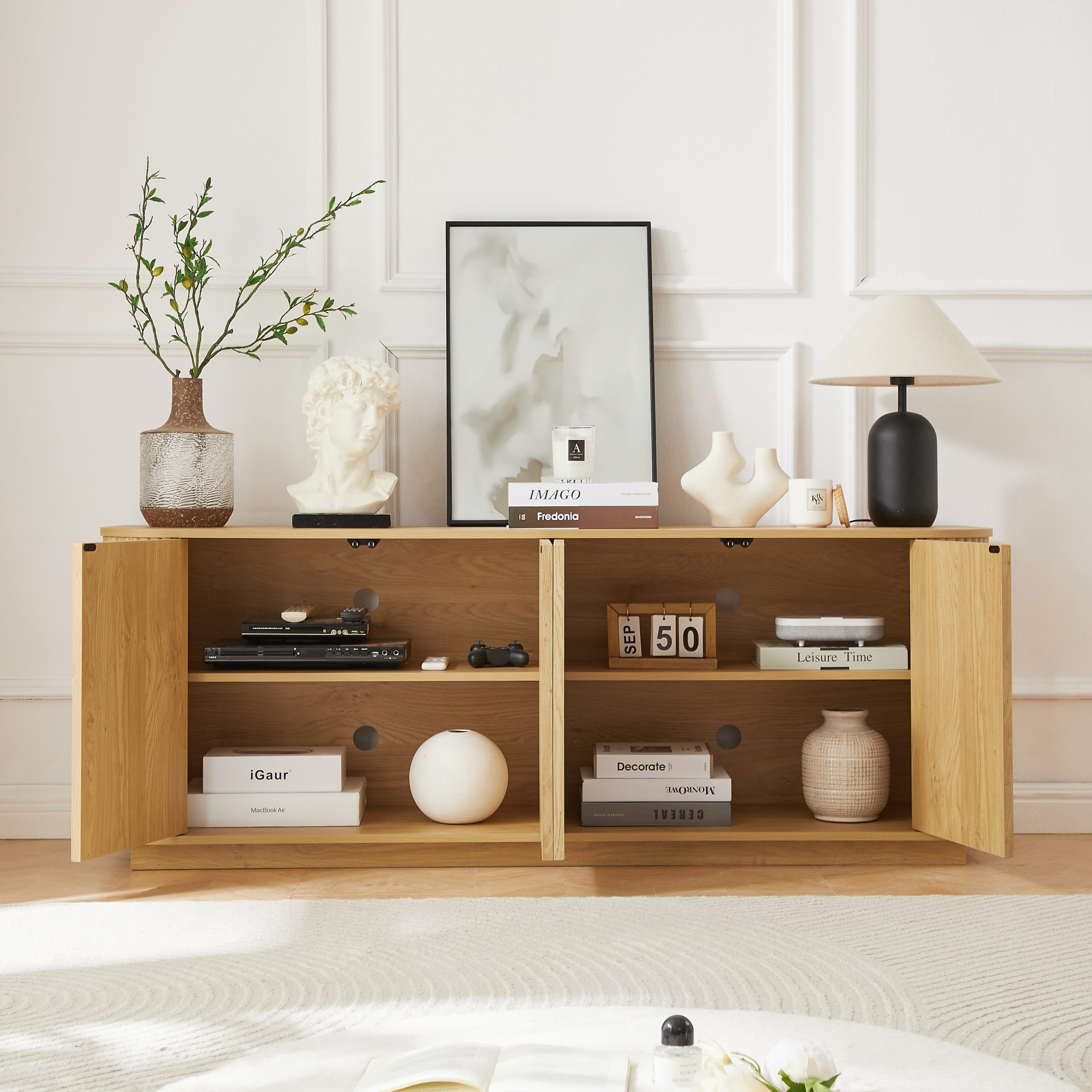 Sideboard Storage Cabinet TV Stand with wave pattern Buffet Cabinet Wooden Vertical Striped Cabinet for Kitchen/Bedroom/Entryway. Natural, 64''W x 15''D x 24''H. - Image 3
