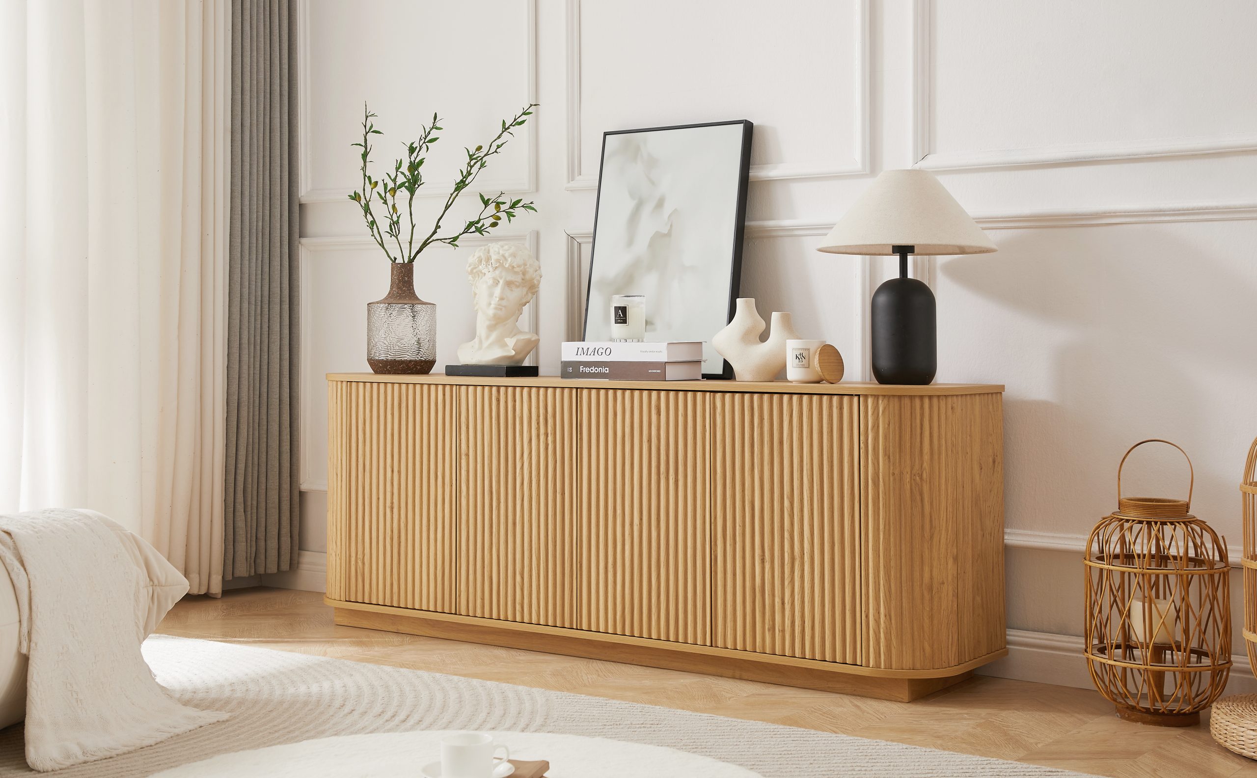 Sideboard Storage Cabinet TV Stand with wave pattern Buffet Cabinet Wooden Vertical Striped Cabinet for Kitchen/Bedroom/Entryway. Natural, 64''W x 15''D x 24''H. - Image 4
