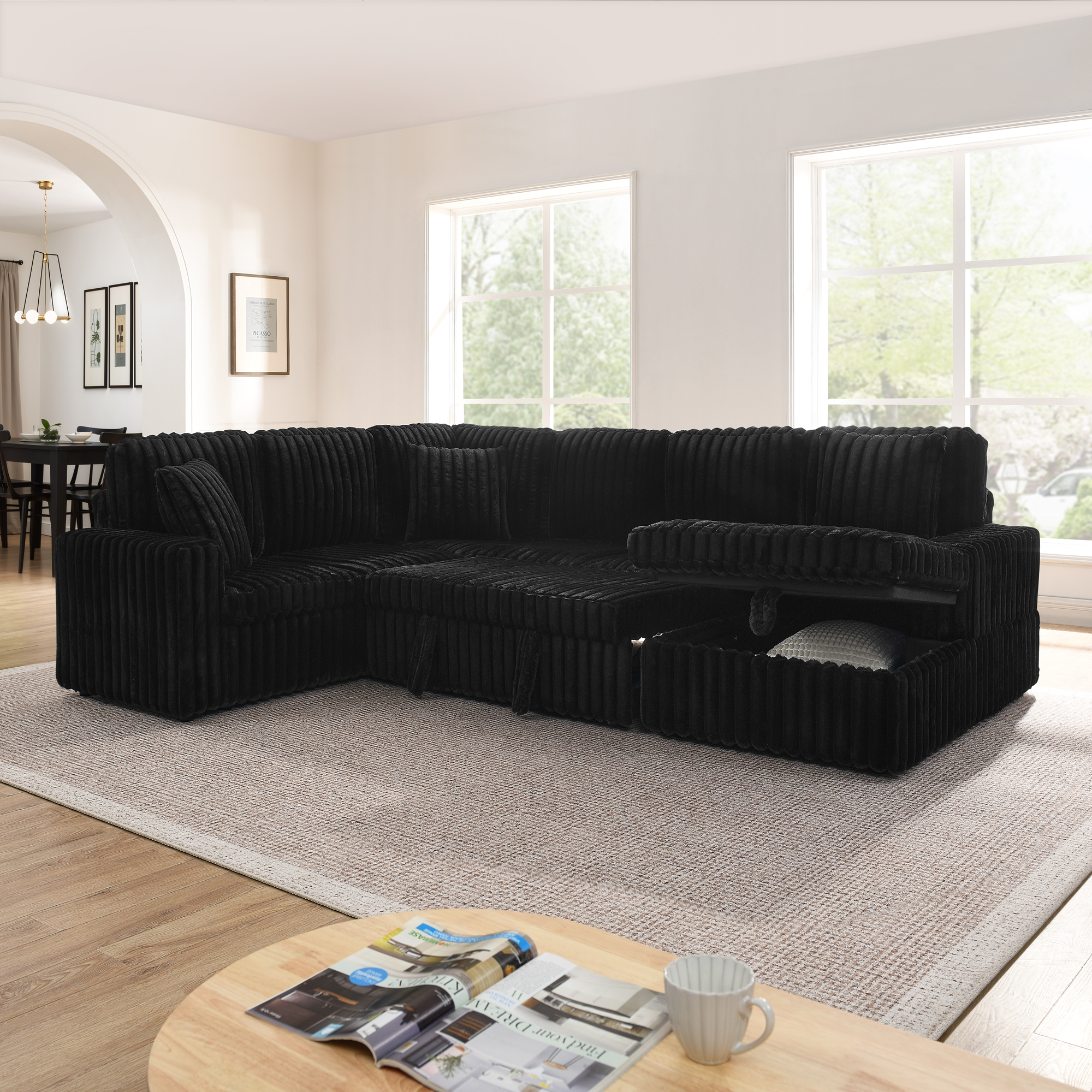 Corduroy Striped Upholstered Sofa, Modern Minimalist U-shaped combination sofa, Pull - out Bed & Storage Chaise, Seat Soft Couch - Black (Assembly is required) - Image 3