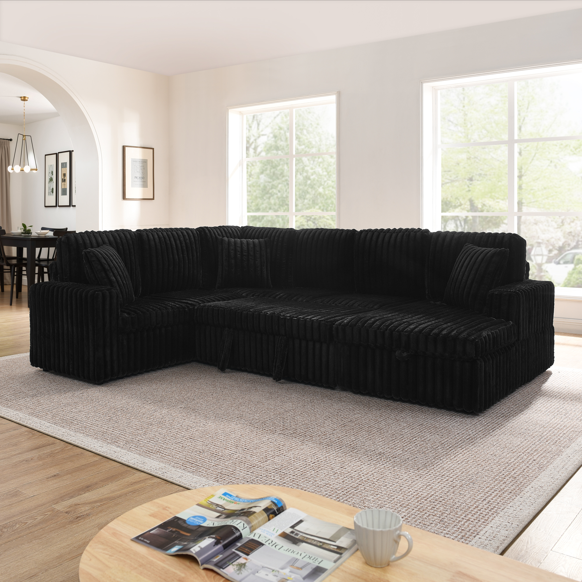 Corduroy Striped Upholstered Sofa, Modern Minimalist U-shaped combination sofa, Pull - out Bed & Storage Chaise, Seat Soft Couch - Black (Assembly is required) - Image 2