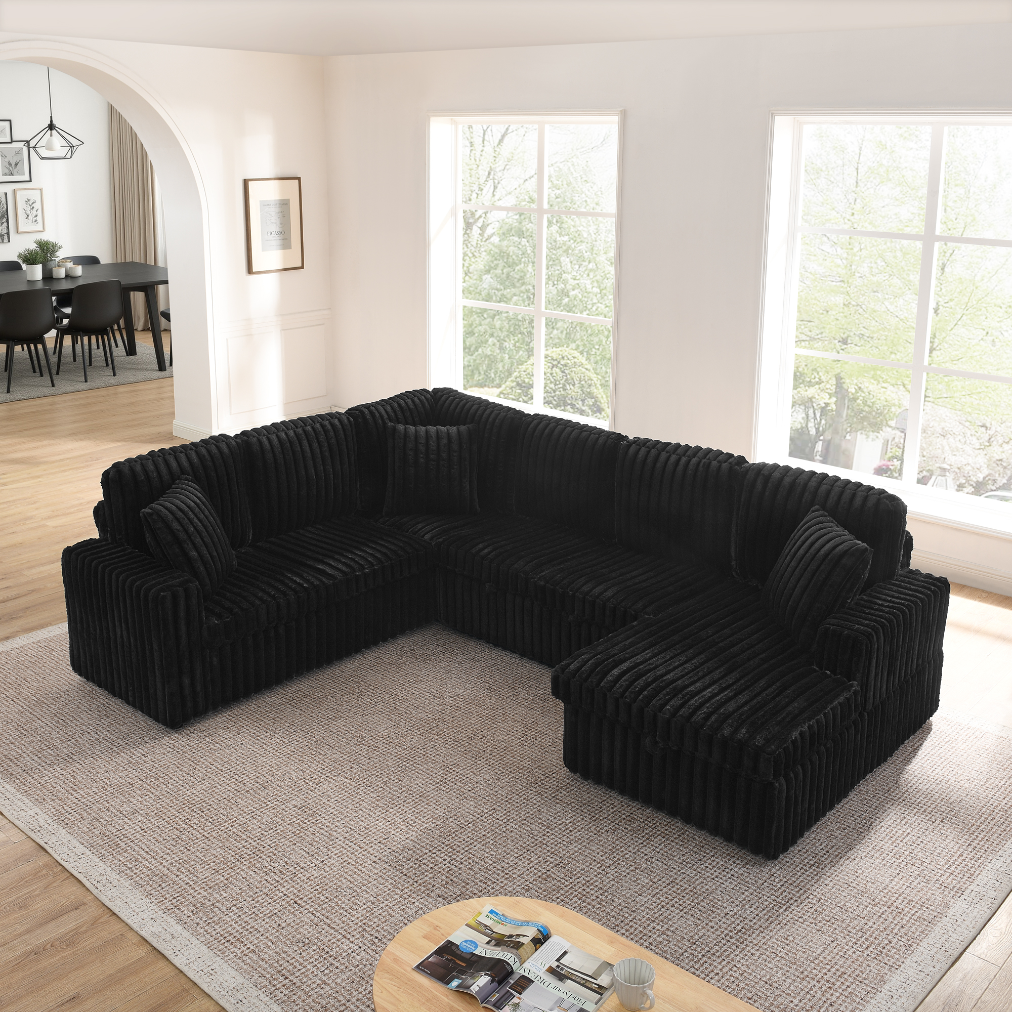 Corduroy Striped Upholstered Sofa, Modern Minimalist U-shaped combination sofa, Pull - out Bed & Storage Chaise, Seat Soft Couch - Black (Assembly is required) - Image 4