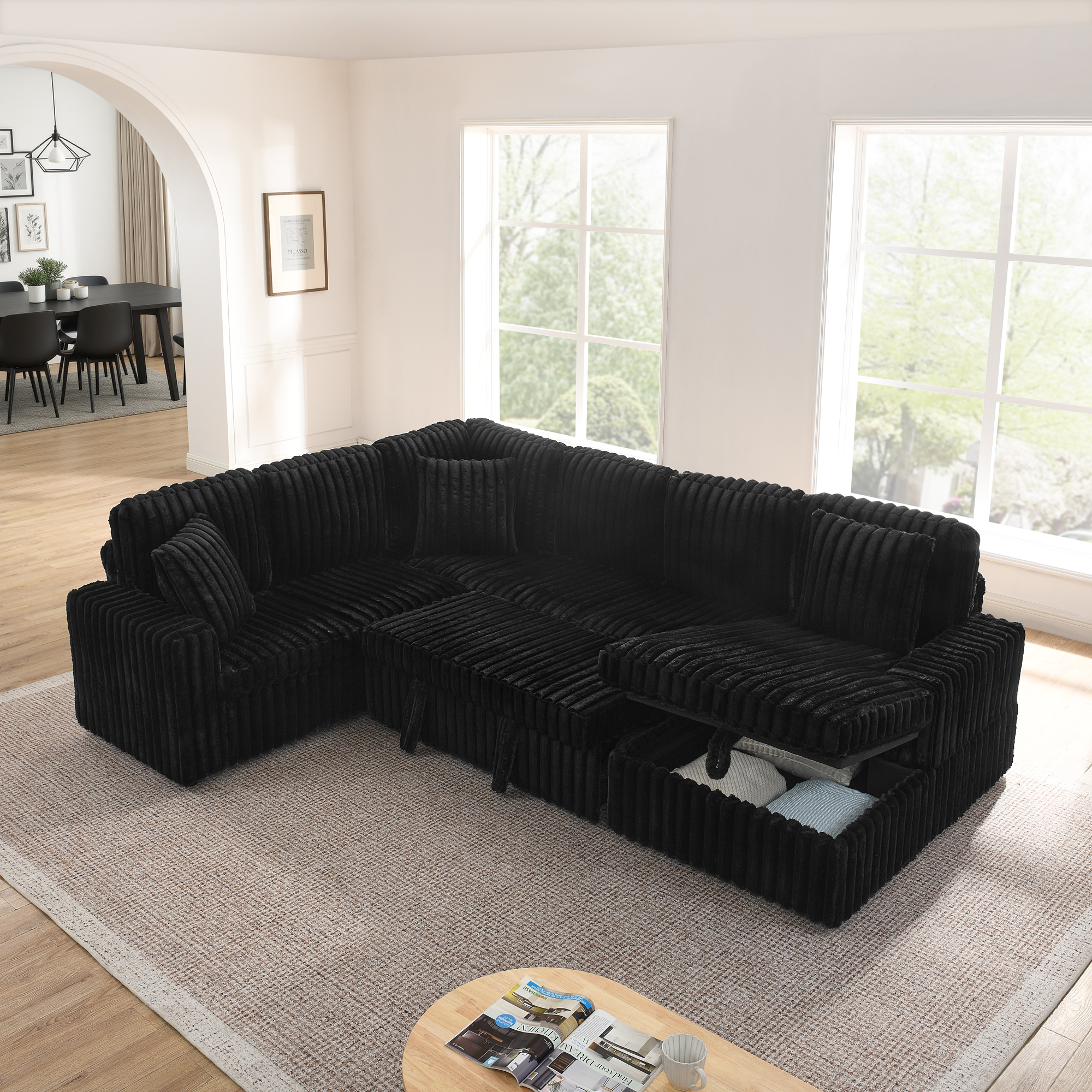 Corduroy Striped Upholstered Sofa, Modern Minimalist U-shaped combination sofa, Pull - out Bed & Storage Chaise, Seat Soft Couch - Black (Assembly is required) - Image 6