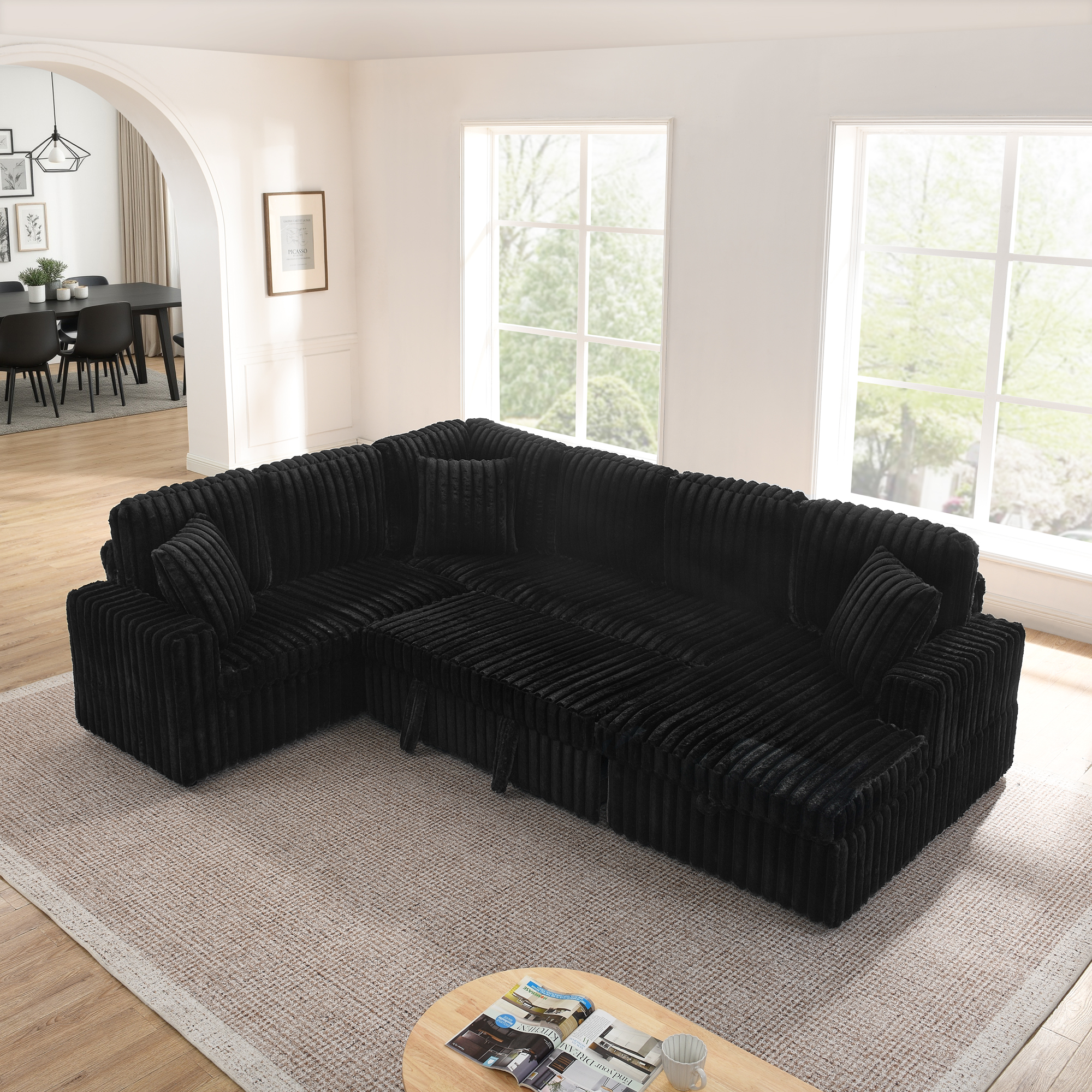 Corduroy Striped Upholstered Sofa, Modern Minimalist U-shaped combination sofa, Pull - out Bed & Storage Chaise, Seat Soft Couch - Black (Assembly is required) - Image 5