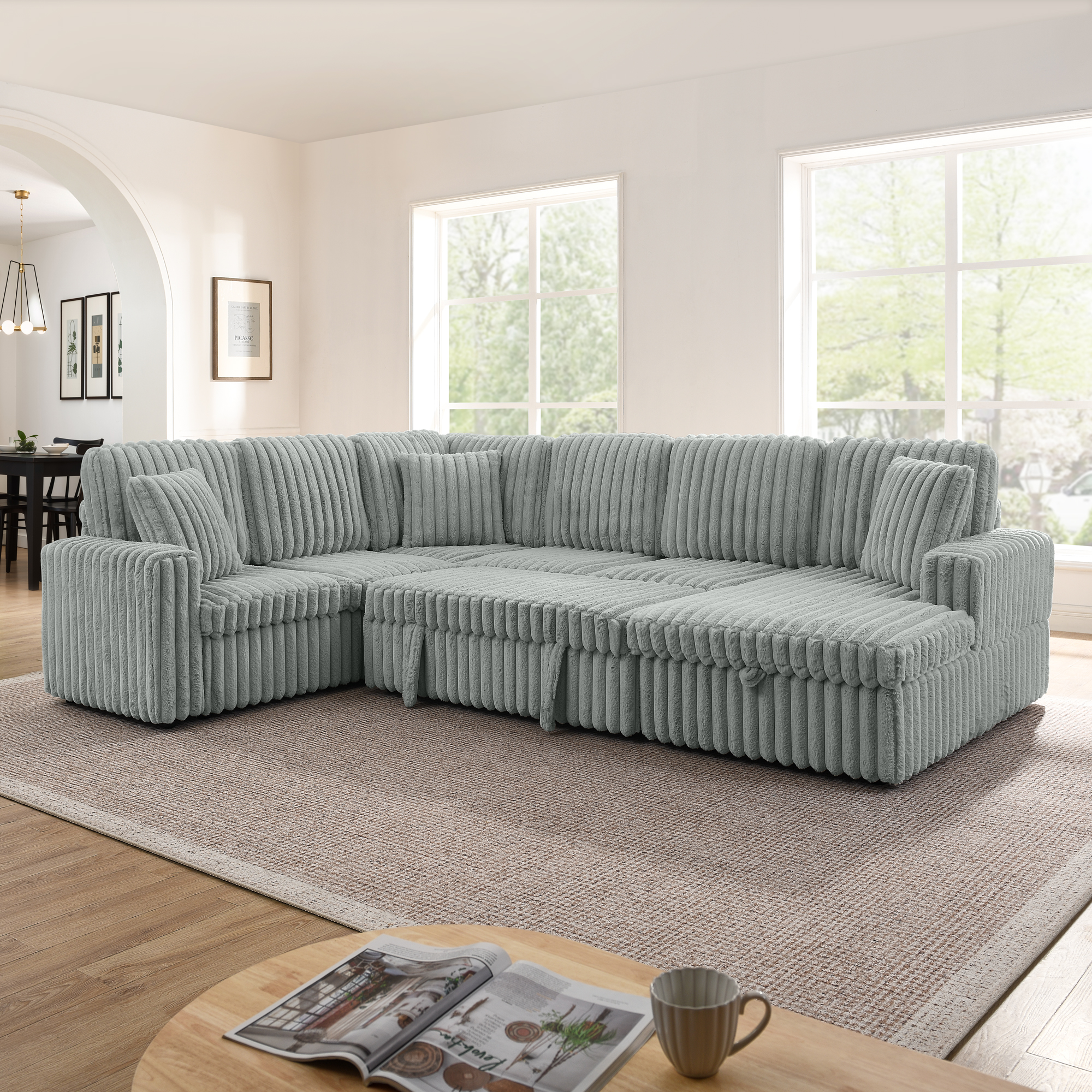 Corduroy Striped Upholstered Sofa, Modern Minimalist U-shaped combination sofa, Pull - out Bed & Storage Chaise, Seat Soft Couch - Grey (Assembly is required) - Image 2