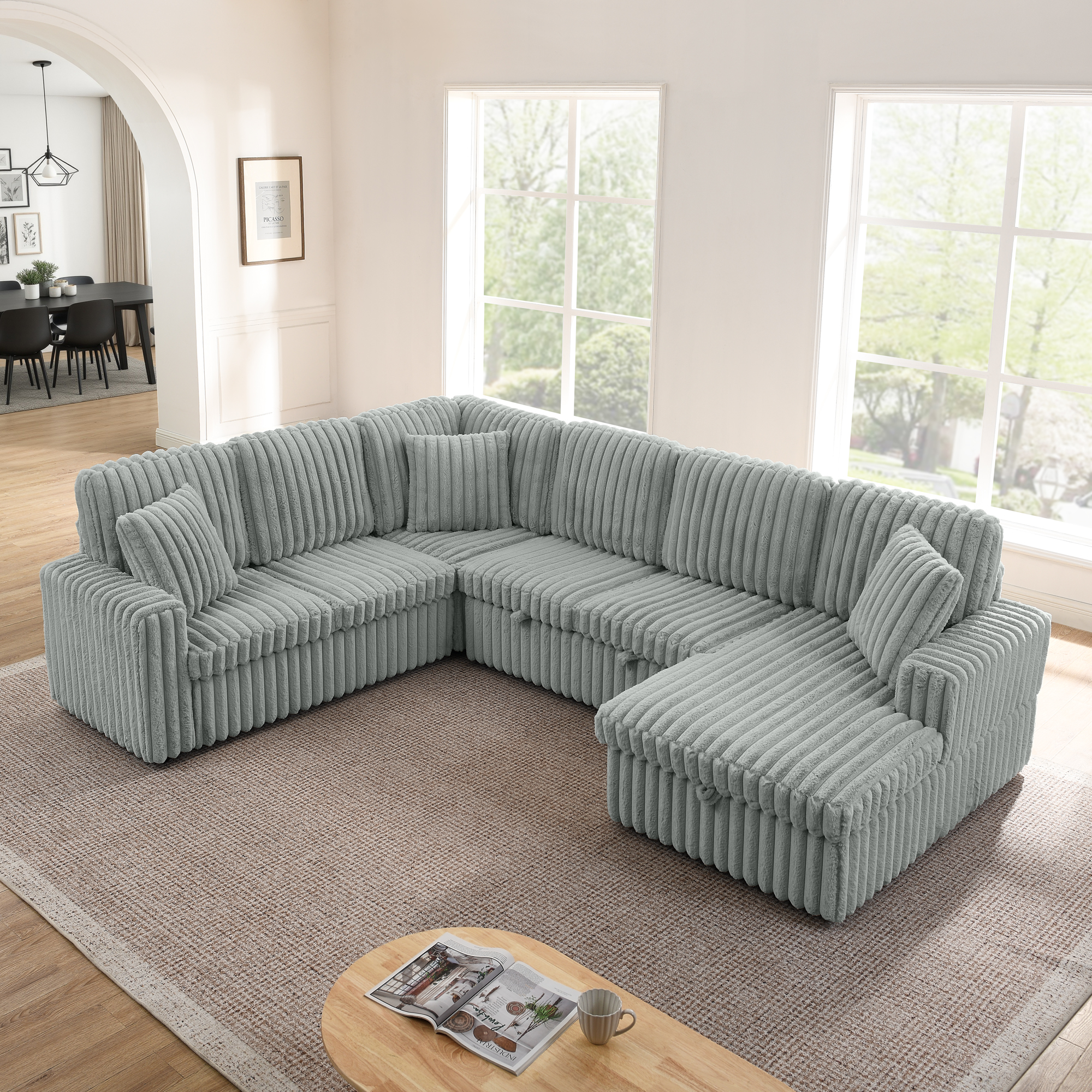 Corduroy Striped Upholstered Sofa, Modern Minimalist U-shaped combination sofa, Pull - out Bed & Storage Chaise, Seat Soft Couch - Grey (Assembly is required) - Image 4