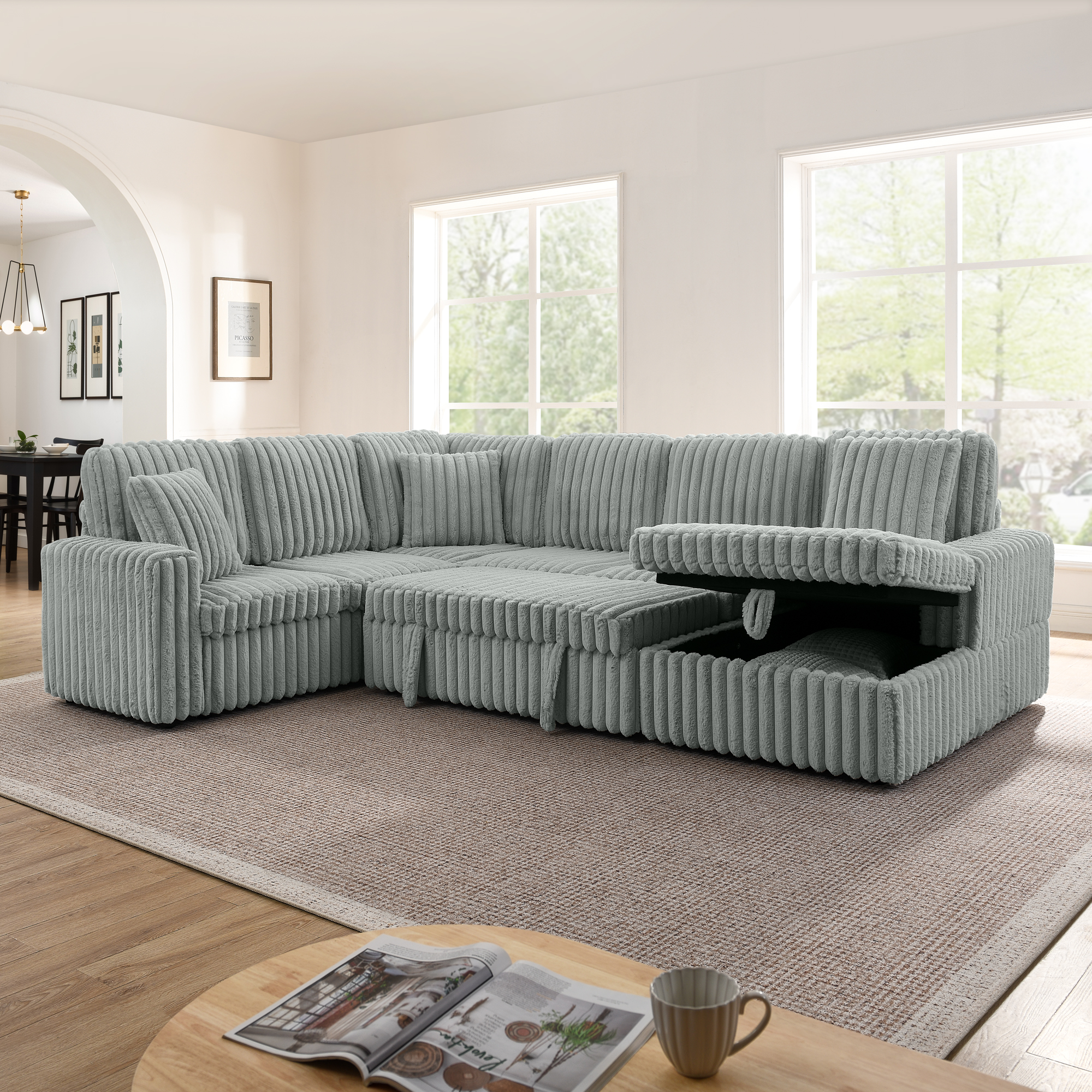 Corduroy Striped Upholstered Sofa, Modern Minimalist U-shaped combination sofa, Pull - out Bed & Storage Chaise, Seat Soft Couch - Grey (Assembly is required) - Image 3