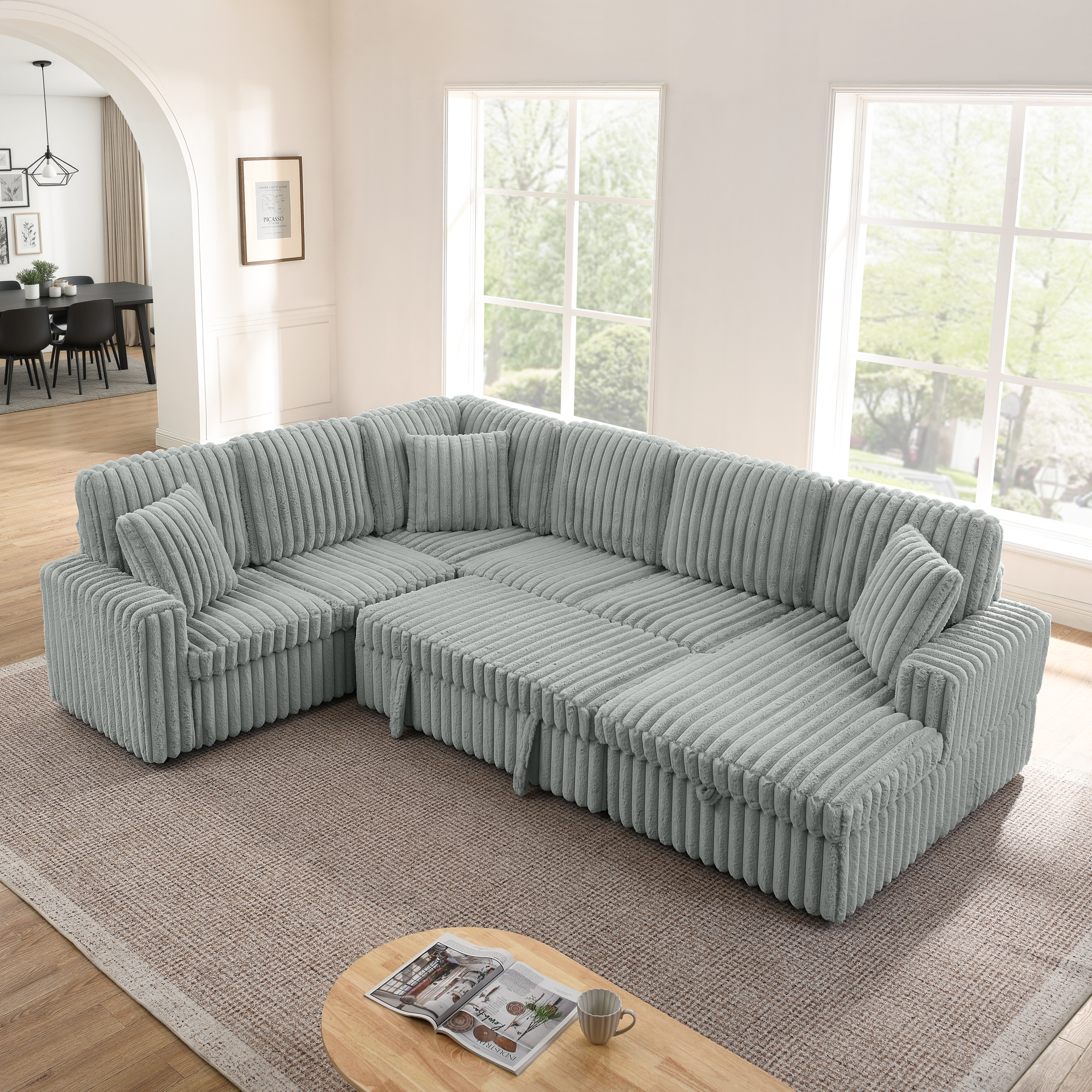 Corduroy Striped Upholstered Sofa, Modern Minimalist U-shaped combination sofa, Pull - out Bed & Storage Chaise, Seat Soft Couch - Grey (Assembly is required) - Image 5