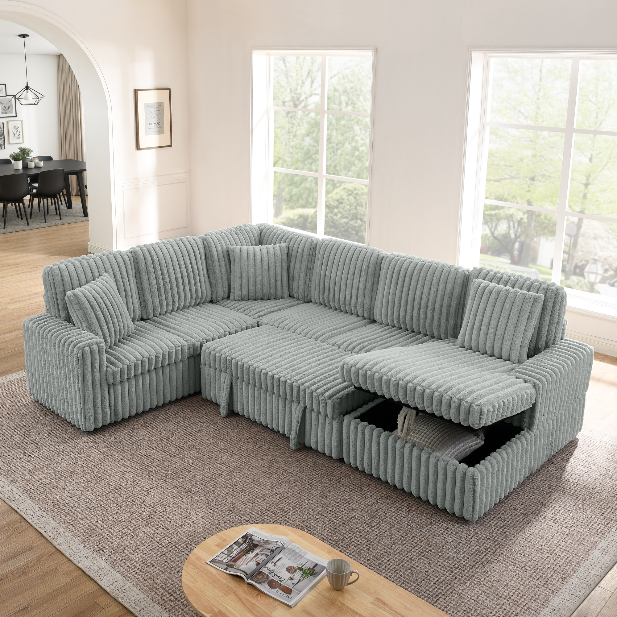 Corduroy Striped Upholstered Sofa, Modern Minimalist U-shaped combination sofa, Pull - out Bed & Storage Chaise, Seat Soft Couch - Grey (Assembly is required) - Image 6