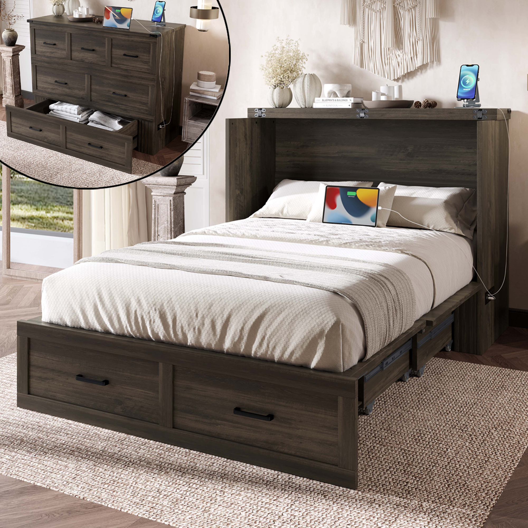 Murphy Bed Cabinet Full Size with Charging Station, Multi-Functional Foldable Platform Bed with 1 Large Storage Drawer for Guest Room, Small Bedroom, Rustic Gray - Image 1