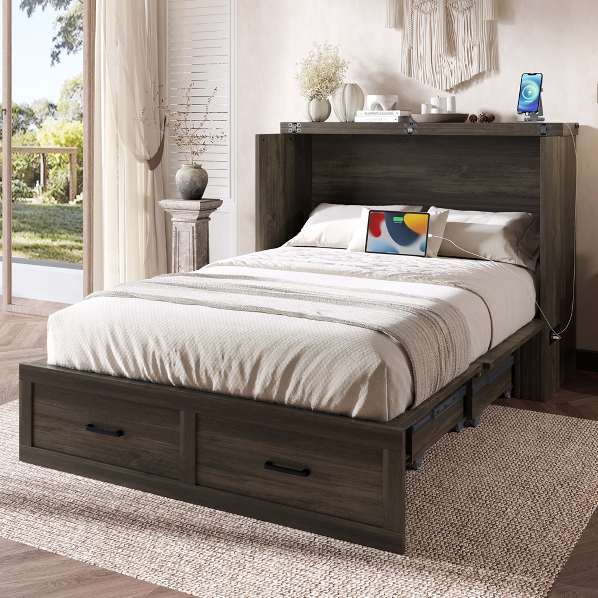 Murphy Bed Cabinet Full Size with Charging Station, Multi-Functional Foldable Platform Bed with 1 Large Storage Drawer for Guest Room, Small Bedroom, Rustic Gray - Image 2
