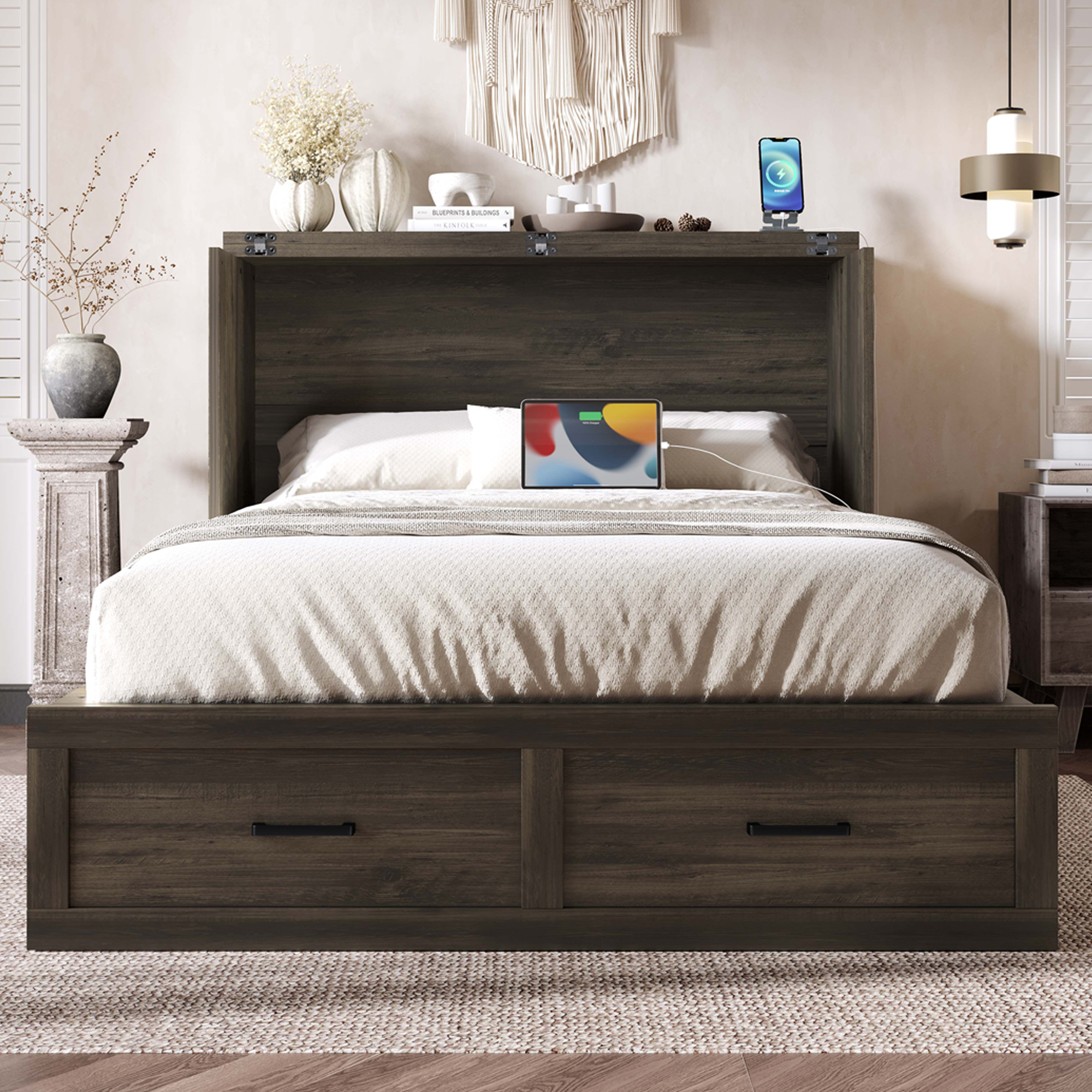 Murphy Bed Cabinet Full Size with Charging Station, Multi-Functional Foldable Platform Bed with 1 Large Storage Drawer for Guest Room, Small Bedroom, Rustic Gray - Image 3