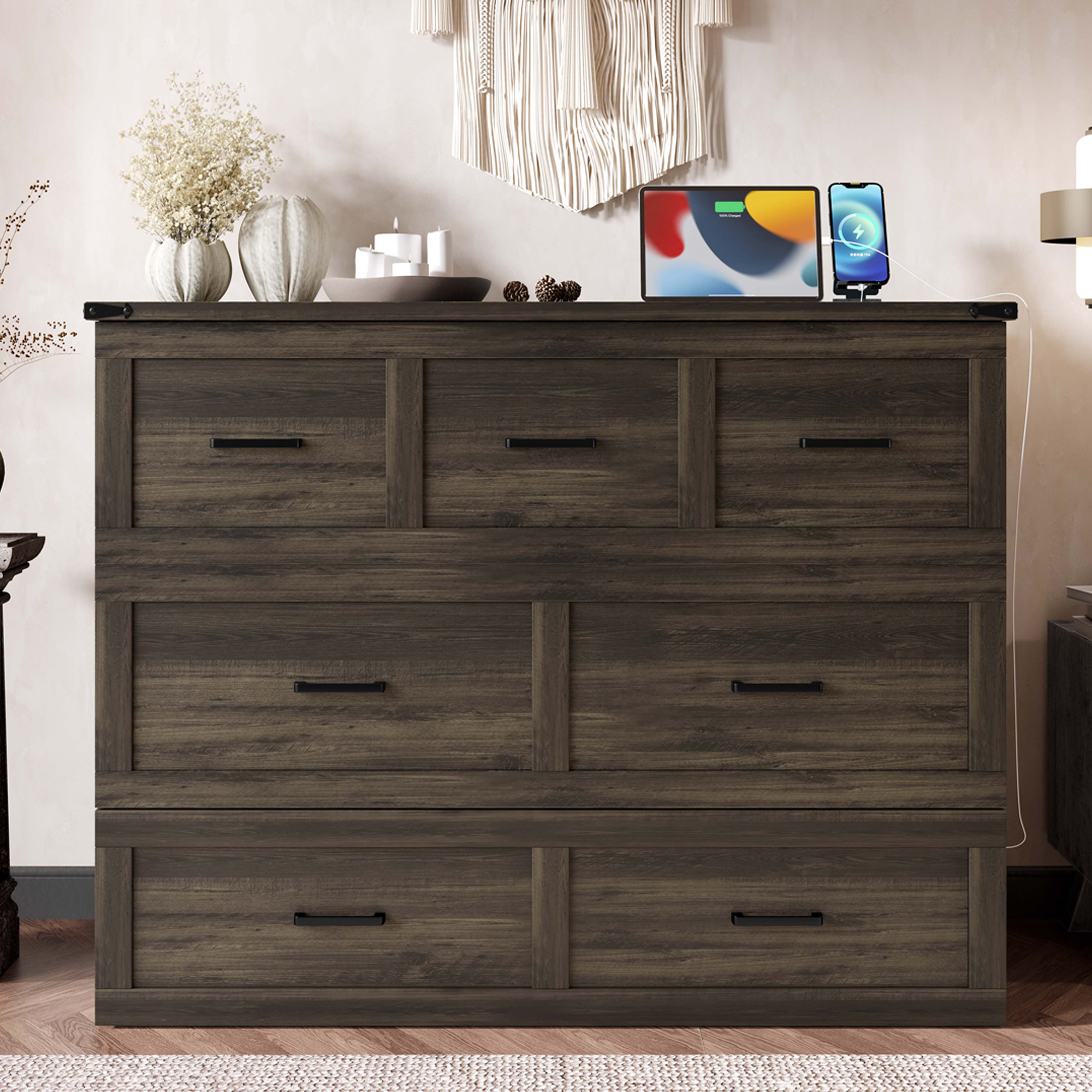 Murphy Bed Cabinet Full Size with Charging Station, Multi-Functional Foldable Platform Bed with 1 Large Storage Drawer for Guest Room, Small Bedroom, Rustic Gray - Image 4