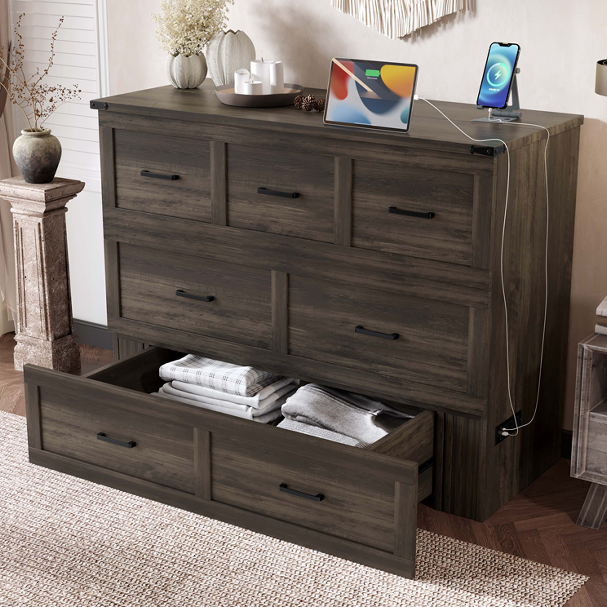 Murphy Bed Cabinet Full Size with Charging Station, Multi-Functional Foldable Platform Bed with 1 Large Storage Drawer for Guest Room, Small Bedroom, Rustic Gray - Image 5