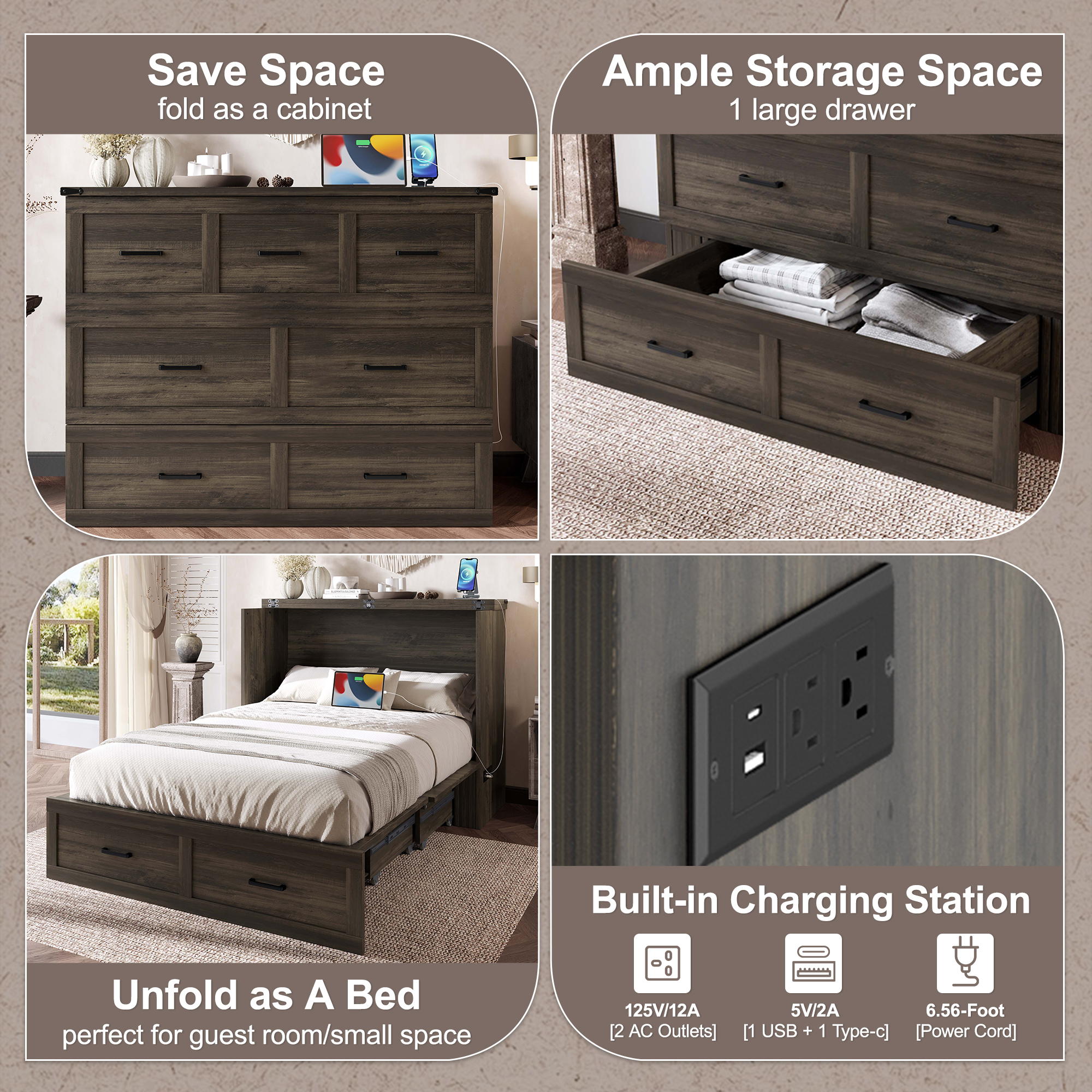 Murphy Bed Cabinet Full Size with Charging Station, Multi-Functional Foldable Platform Bed with 1 Large Storage Drawer for Guest Room, Small Bedroom, Rustic Gray - Image 6