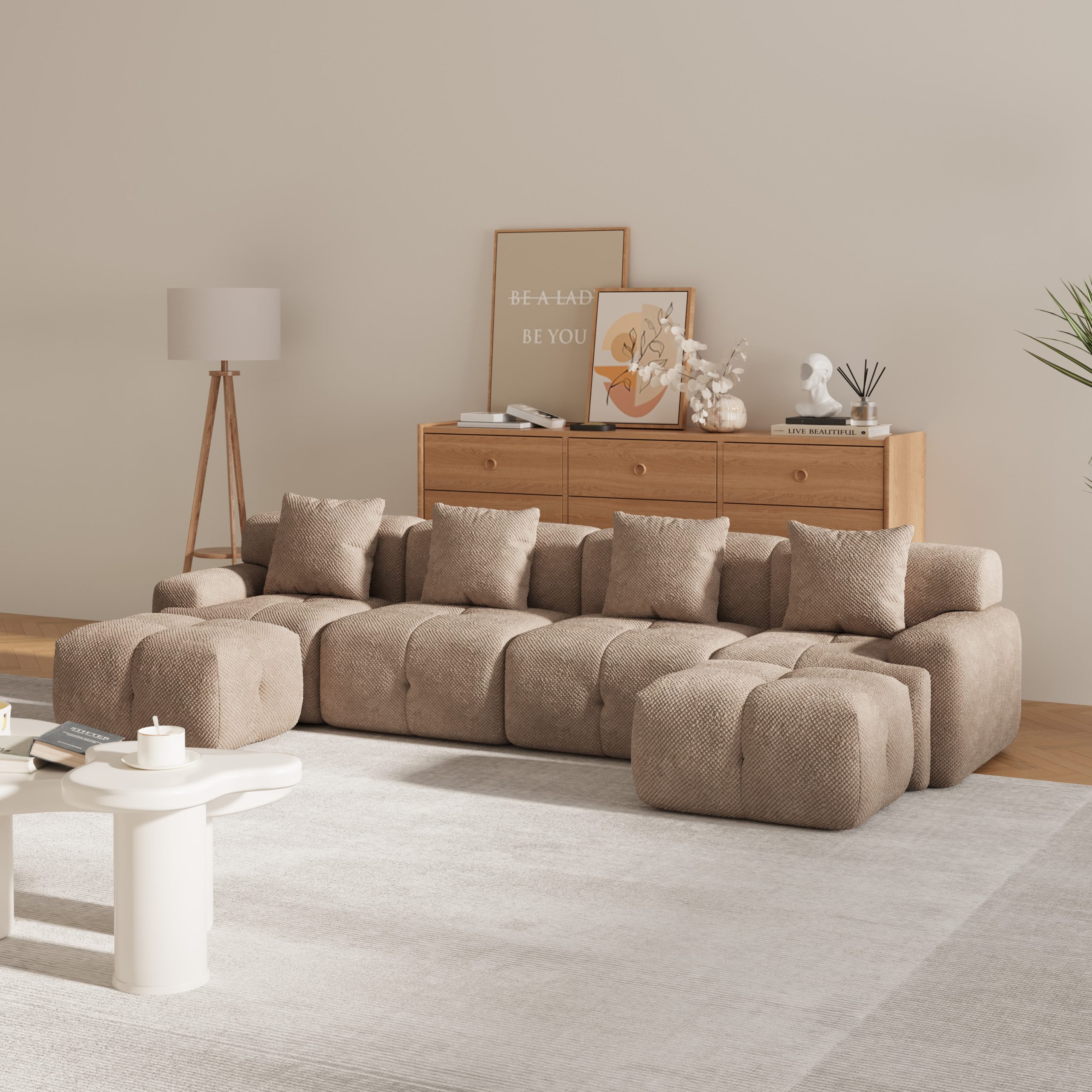135.4" 6-Piece U-Shaped Sleeper Modular Sectional Sofa Bed Chaise, Oversized 4-Seater Boneless Convertible Block Cloud Tufted Floor Corner Couch Set with 2 Ottomans & 4 Pillows for Living Room, Taupe - Image 2