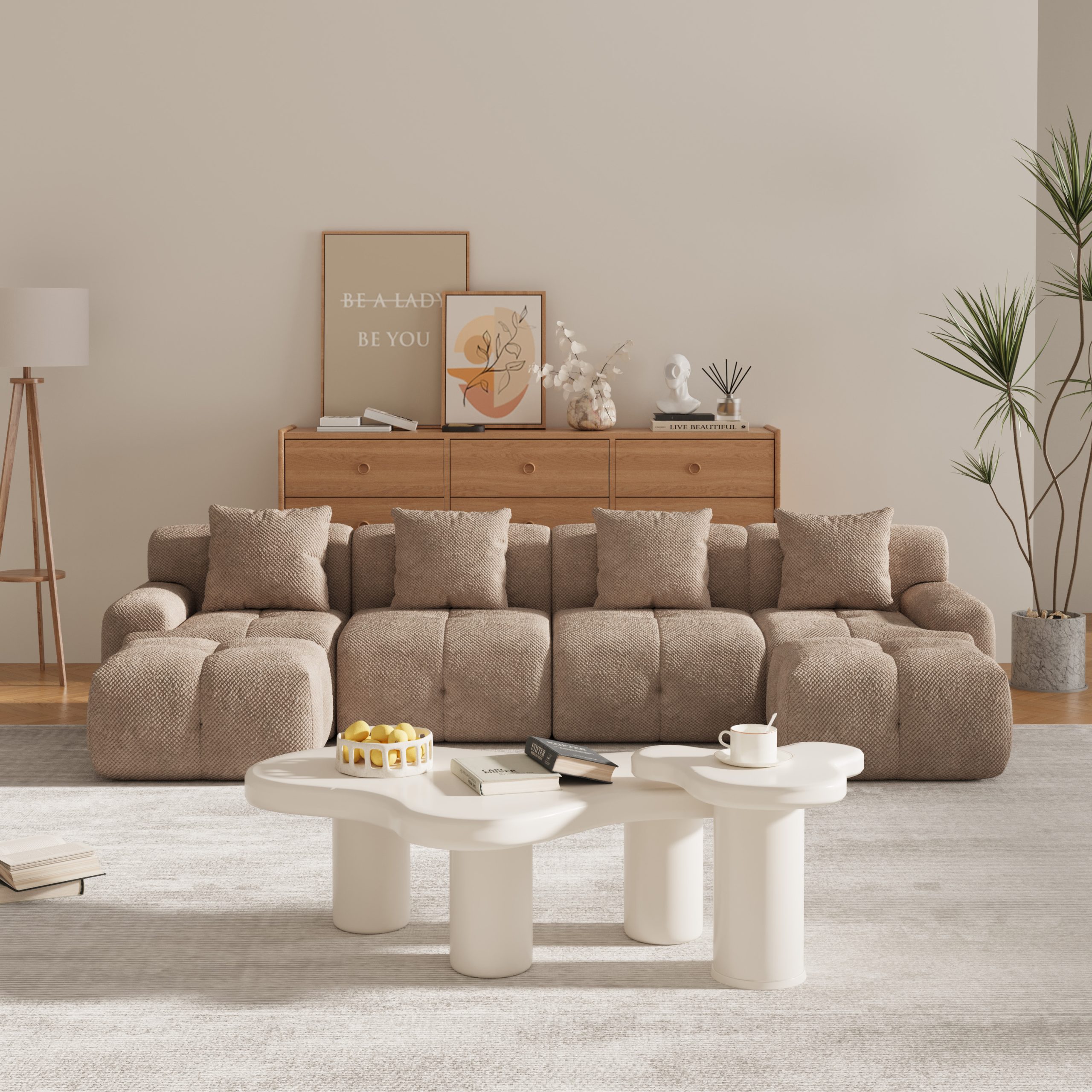 135.4" 6-Piece U-Shaped Sleeper Modular Sectional Sofa Bed Chaise, Oversized 4-Seater Boneless Convertible Block Cloud Tufted Floor Corner Couch Set with 2 Ottomans & 4 Pillows for Living Room, Taupe - Image 3