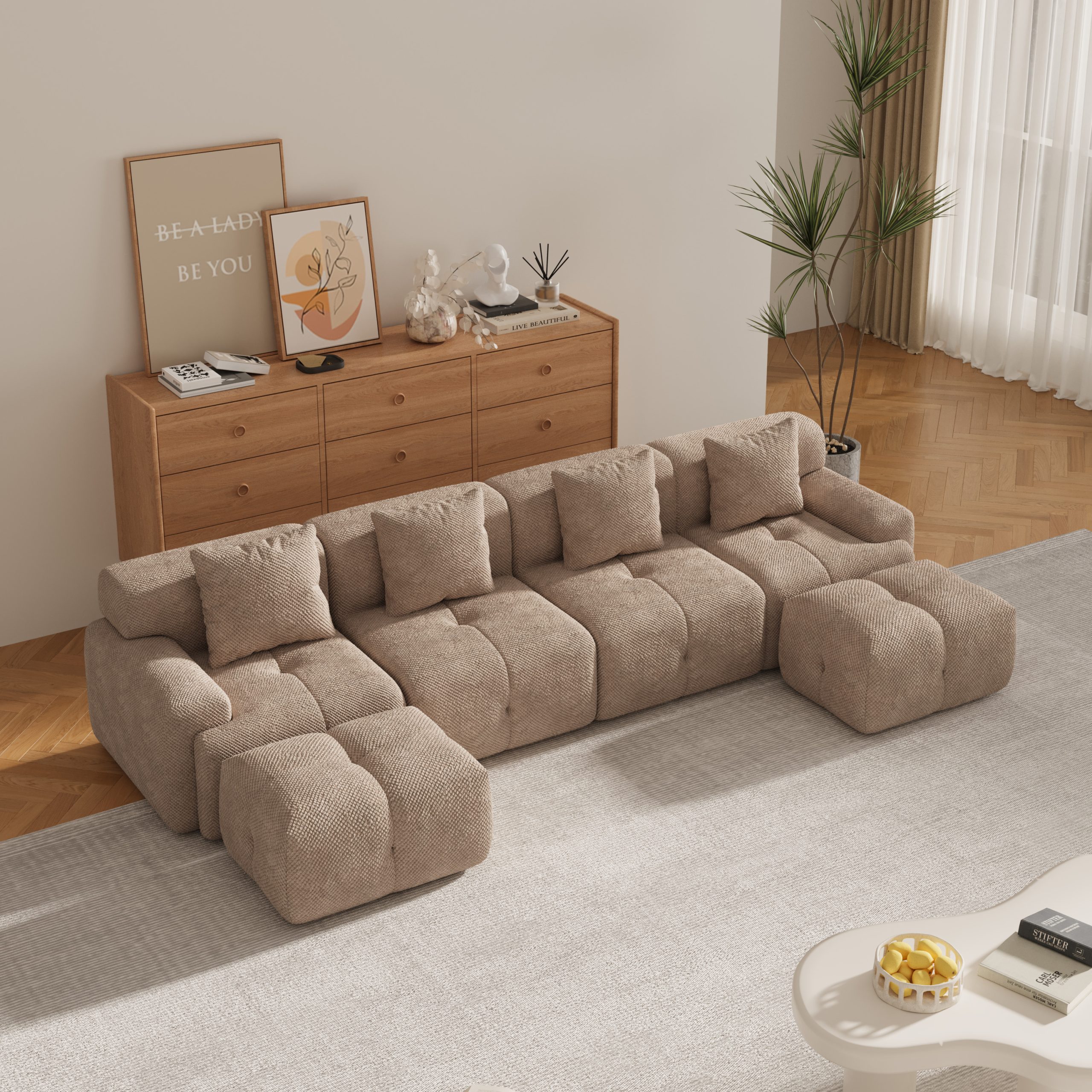 135.4" 6-Piece U-Shaped Sleeper Modular Sectional Sofa Bed Chaise, Oversized 4-Seater Boneless Convertible Block Cloud Tufted Floor Corner Couch Set with 2 Ottomans & 4 Pillows for Living Room, Taupe - Image 4
