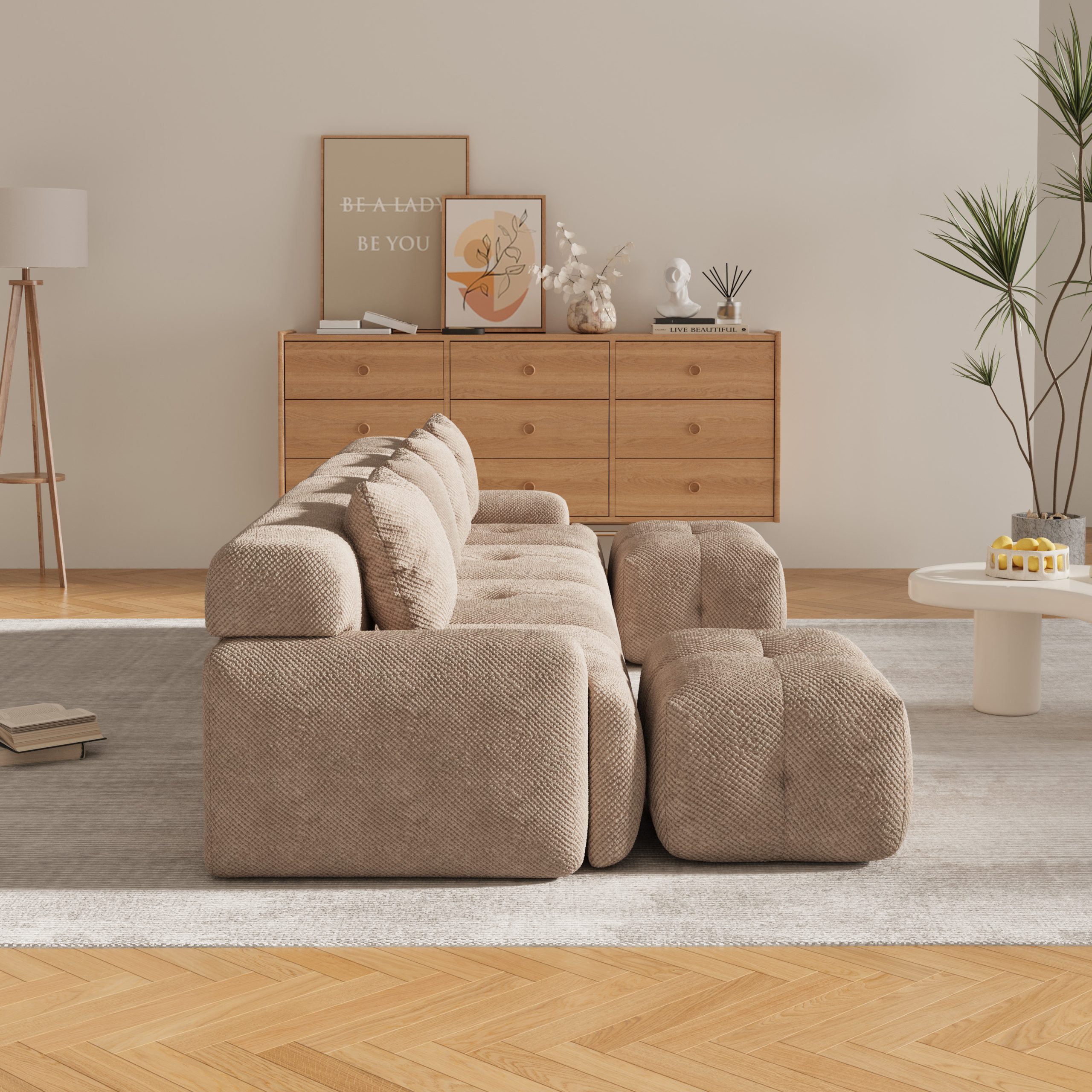 135.4" 6-Piece U-Shaped Sleeper Modular Sectional Sofa Bed Chaise, Oversized 4-Seater Boneless Convertible Block Cloud Tufted Floor Corner Couch Set with 2 Ottomans & 4 Pillows for Living Room, Taupe - Image 6