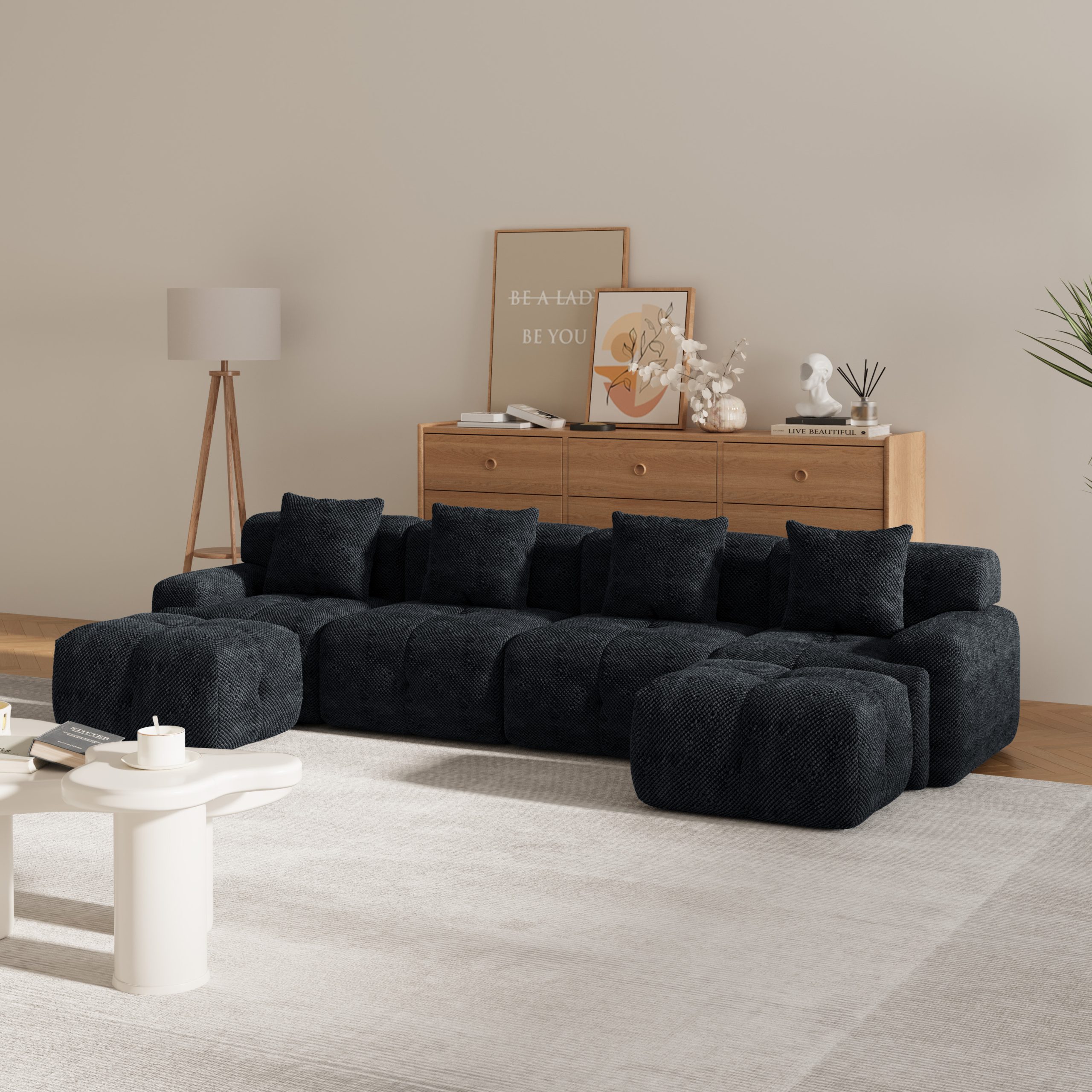 135.4" 6-Piece U-Shaped Sleeper Modular Sectional Sofa Bed Chaise Oversized 4-Seater Boneless Convertible Block Cloud Tufted Floor Corner Couch Set with 2 Ottomans & 4 Pillows for Living Room,Charcoal - Image 2