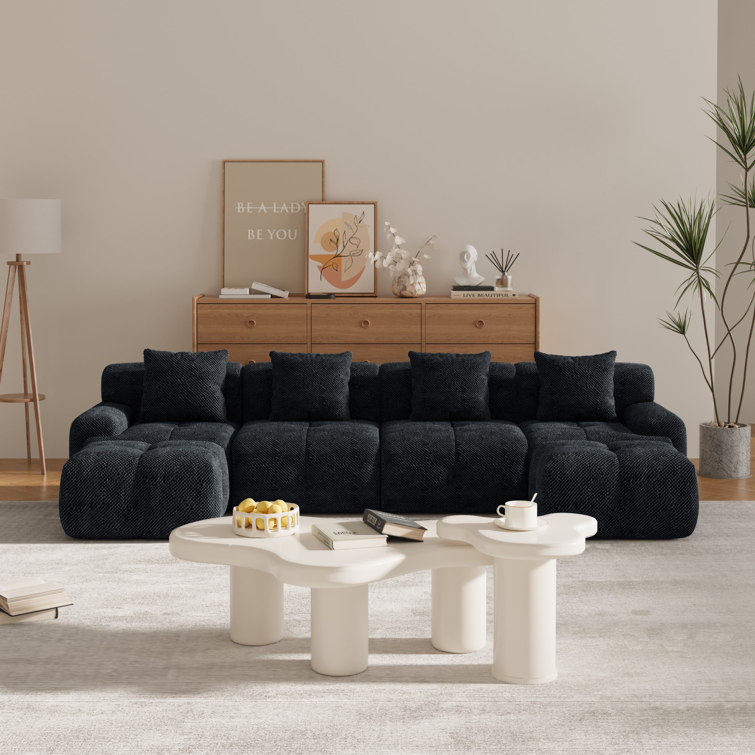 135.4" 6-Piece U-Shaped Sleeper Modular Sectional Sofa Bed Chaise Oversized 4-Seater Boneless Convertible Block Cloud Tufted Floor Corner Couch Set with 2 Ottomans & 4 Pillows for Living Room,Charcoal - Image 3