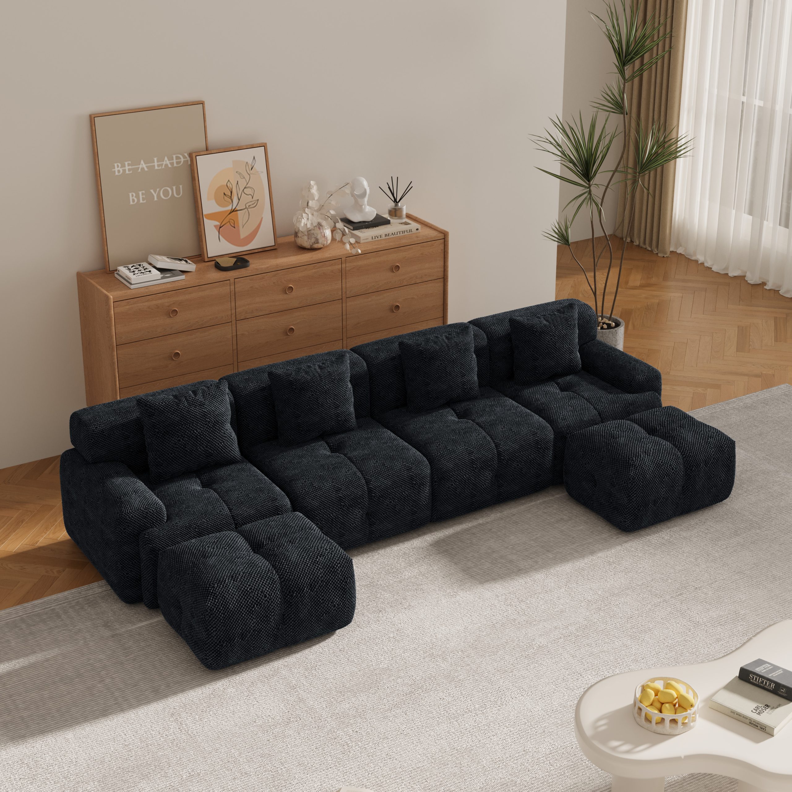 135.4" 6-Piece U-Shaped Sleeper Modular Sectional Sofa Bed Chaise Oversized 4-Seater Boneless Convertible Block Cloud Tufted Floor Corner Couch Set with 2 Ottomans & 4 Pillows for Living Room,Charcoal - Image 4