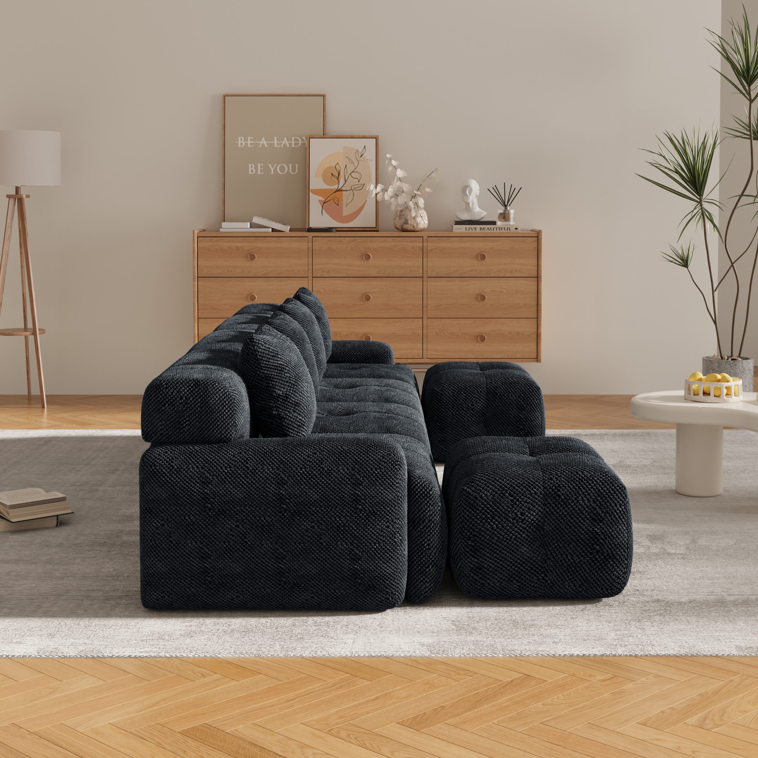 135.4" 6-Piece U-Shaped Sleeper Modular Sectional Sofa Bed Chaise Oversized 4-Seater Boneless Convertible Block Cloud Tufted Floor Corner Couch Set with 2 Ottomans & 4 Pillows for Living Room,Charcoal - Image 6