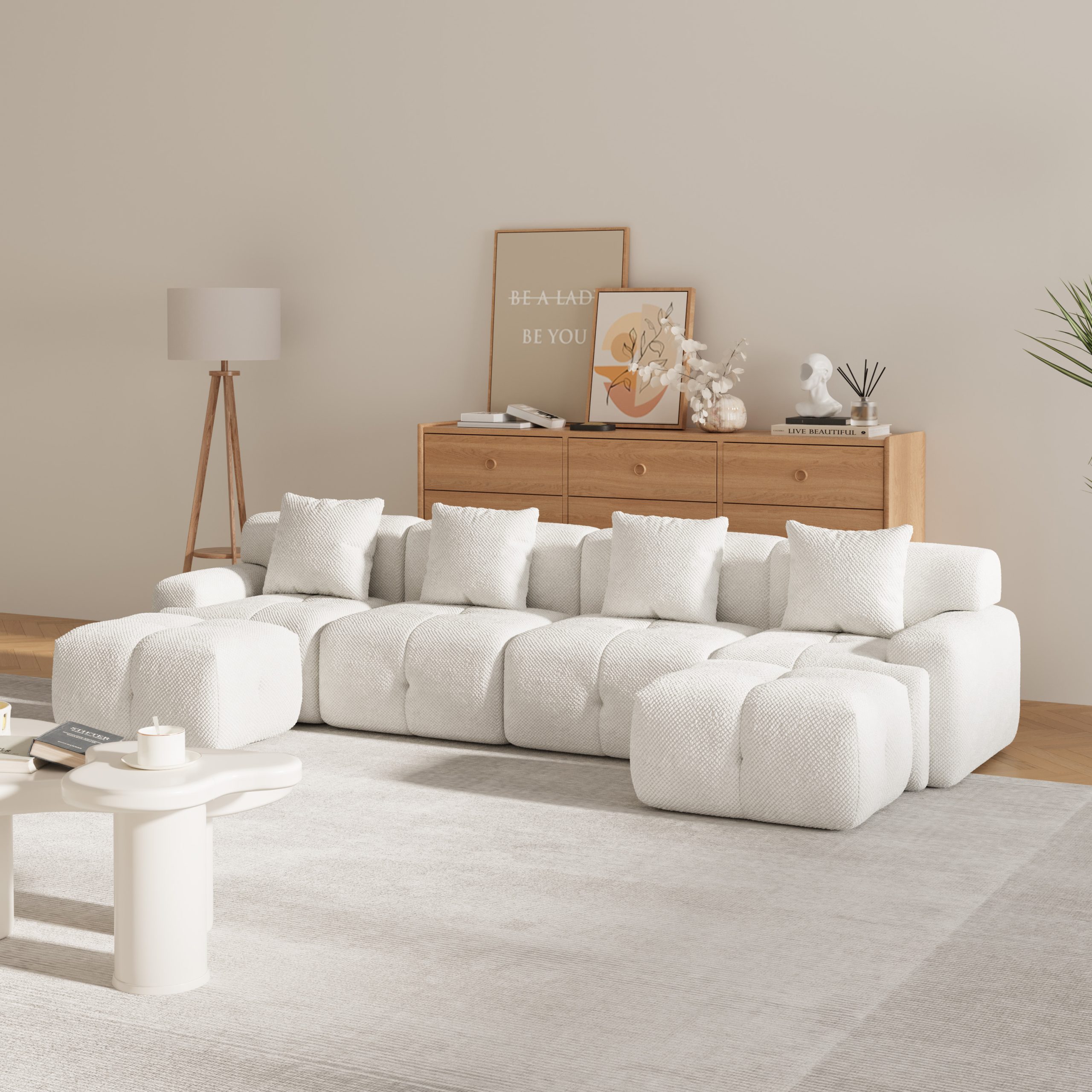 135.4" 6-Piece U-Shaped Sleeper Modular Sectional Sofa Bed Chaise, Oversized 4-Seater Boneless Convertible Block Cloud Tufted Floor Corner Couch Set with 2 Ottomans & 4 Pillows for Living Room, Ivory - Image 2