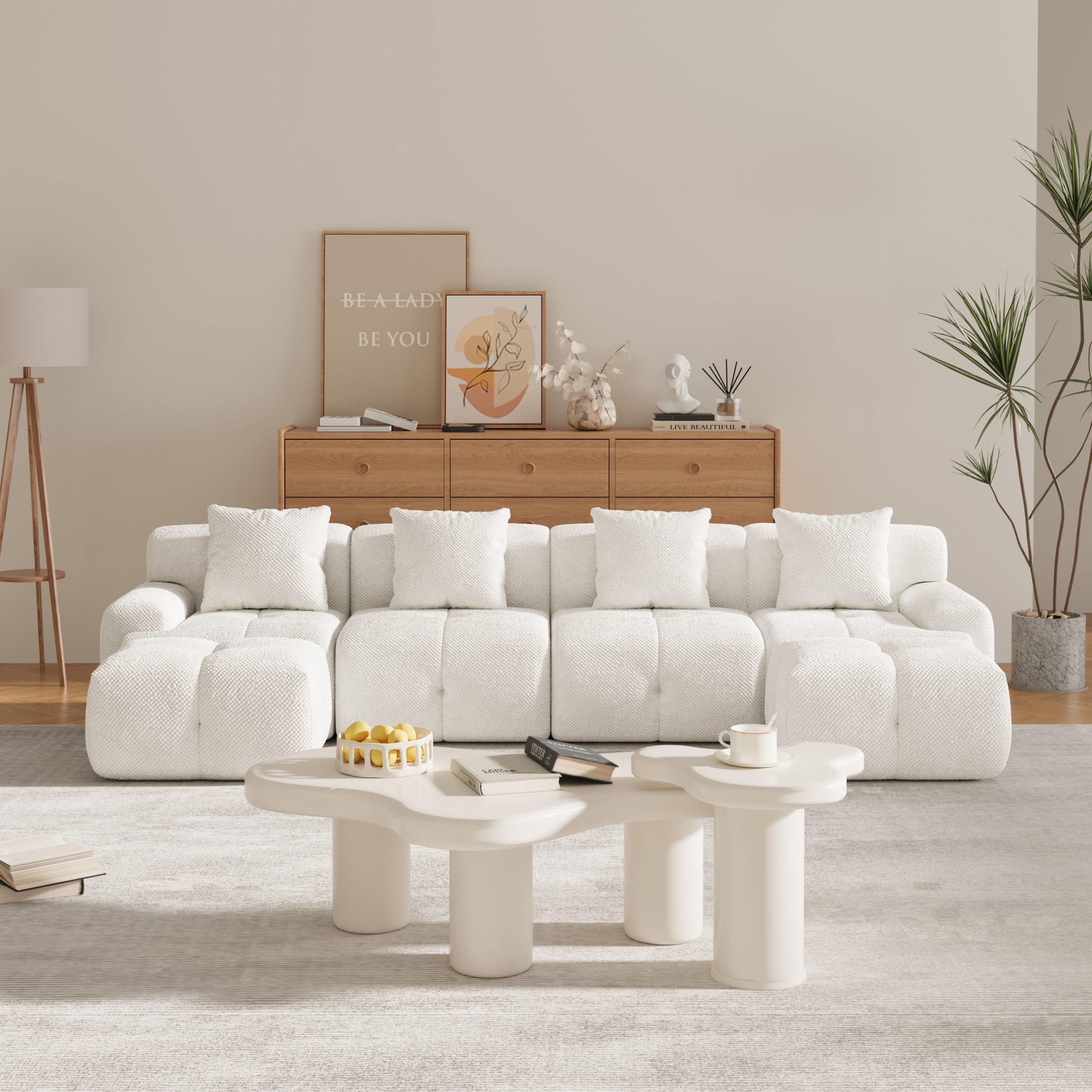 135.4" 6-Piece U-Shaped Sleeper Modular Sectional Sofa Bed Chaise, Oversized 4-Seater Boneless Convertible Block Cloud Tufted Floor Corner Couch Set with 2 Ottomans & 4 Pillows for Living Room, Ivory - Image 3