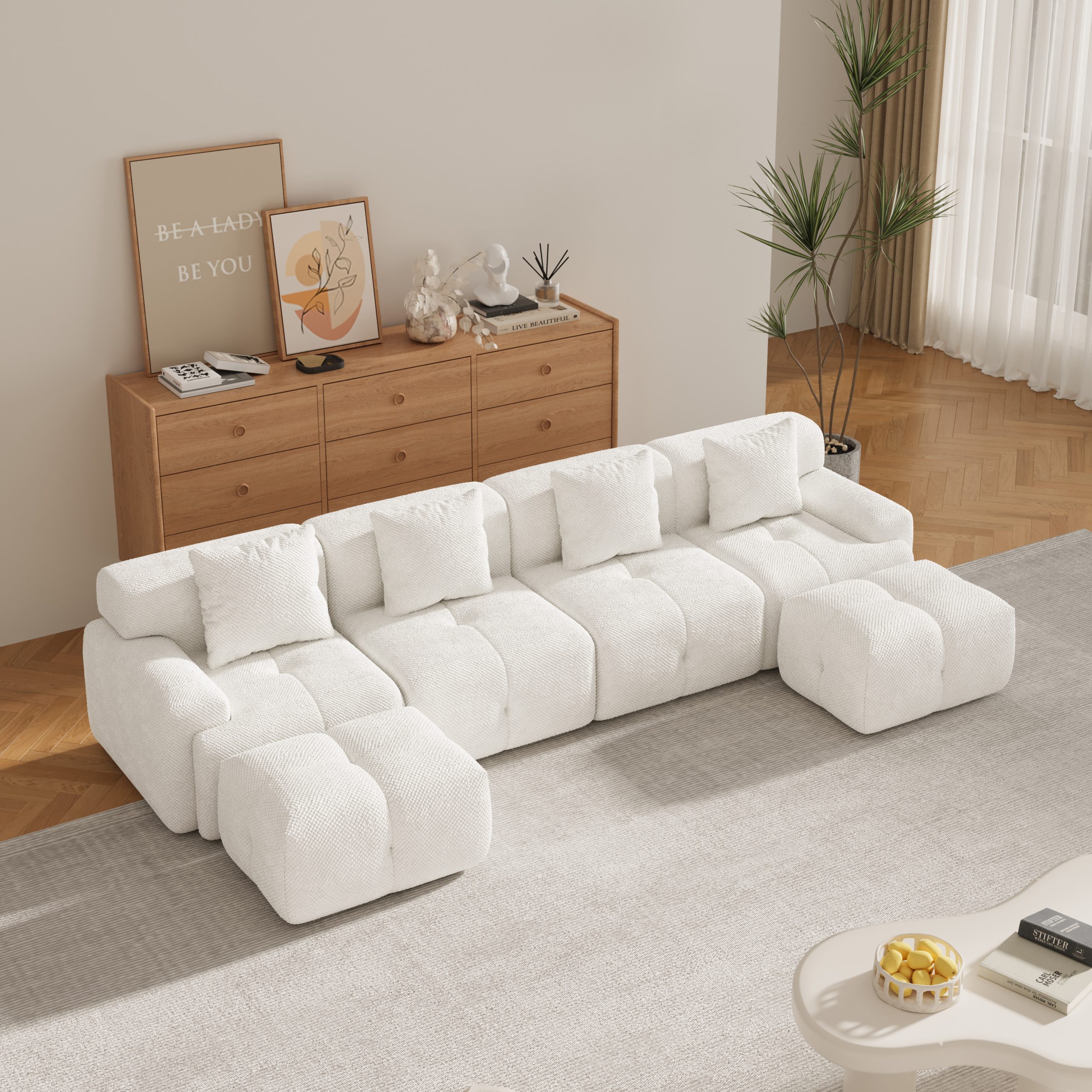 135.4" 6-Piece U-Shaped Sleeper Modular Sectional Sofa Bed Chaise, Oversized 4-Seater Boneless Convertible Block Cloud Tufted Floor Corner Couch Set with 2 Ottomans & 4 Pillows for Living Room, Ivory - Image 4