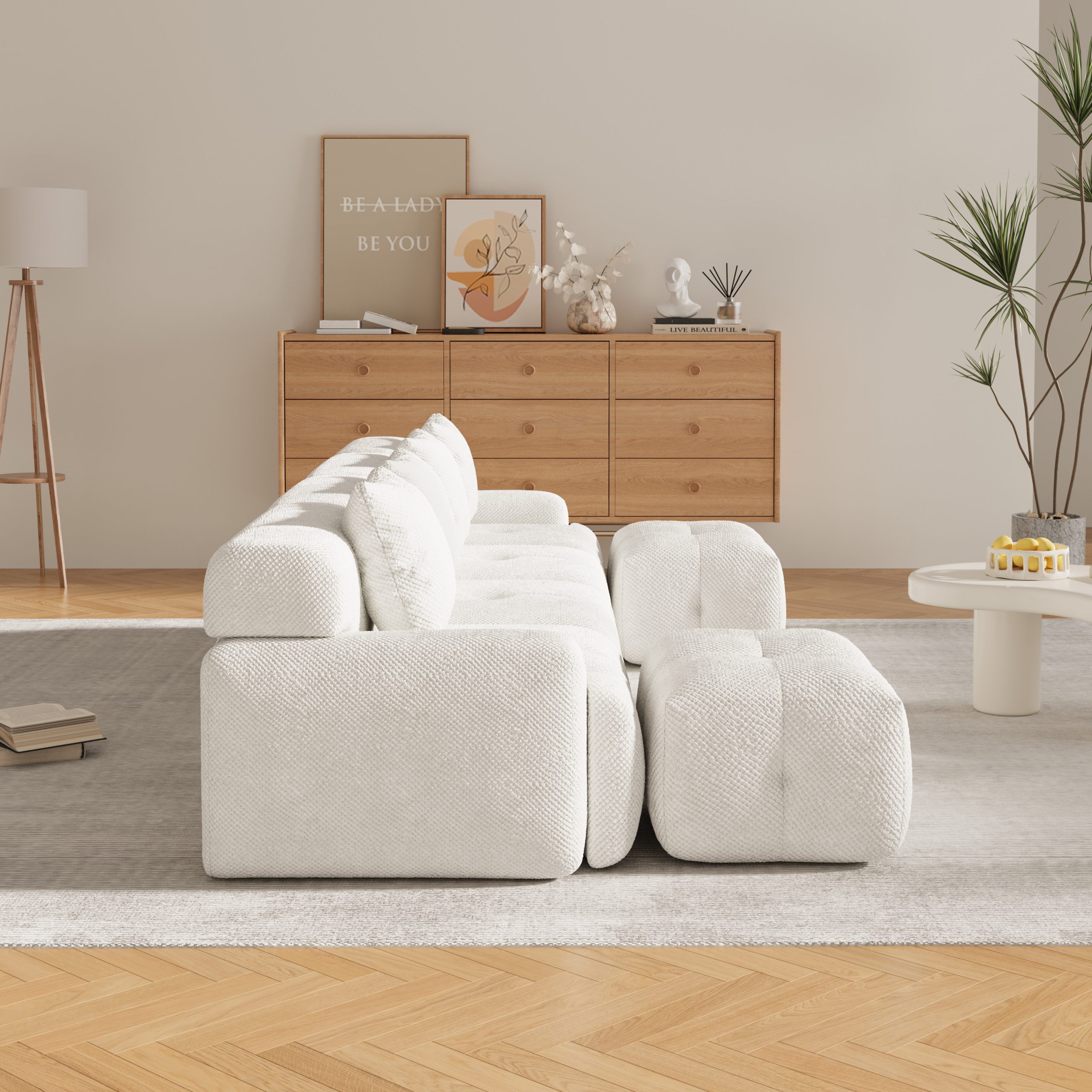 135.4" 6-Piece U-Shaped Sleeper Modular Sectional Sofa Bed Chaise, Oversized 4-Seater Boneless Convertible Block Cloud Tufted Floor Corner Couch Set with 2 Ottomans & 4 Pillows for Living Room, Ivory - Image 6