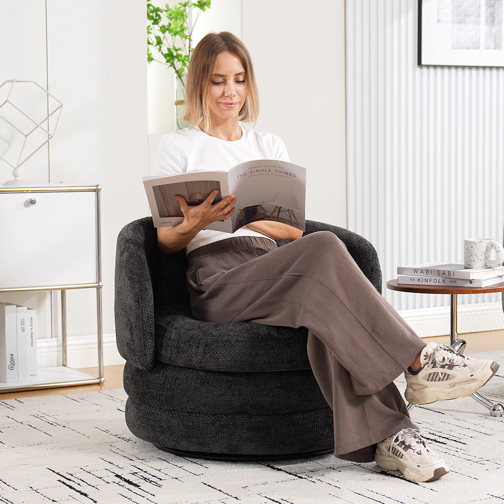 30"W Modern Round 360° Swivel Barrel Accent Chair with Pillow, Chenille Upholstered Comfy Barrel Armchair Single Club Sofa Chair for Living Room,Bedroom, Reading Room, Balcony, Lounge, Dark Gray - Image 2