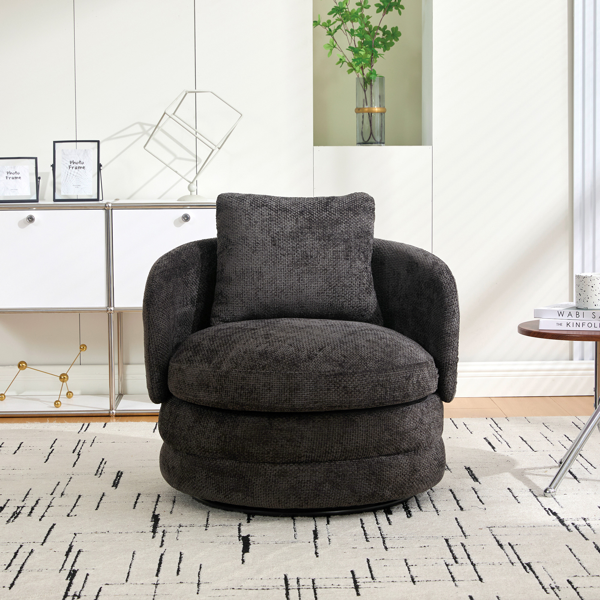 30"W Modern Round 360° Swivel Barrel Accent Chair with Pillow, Chenille Upholstered Comfy Barrel Armchair Single Club Sofa Chair for Living Room,Bedroom, Reading Room, Balcony, Lounge, Dark Gray - Image 3