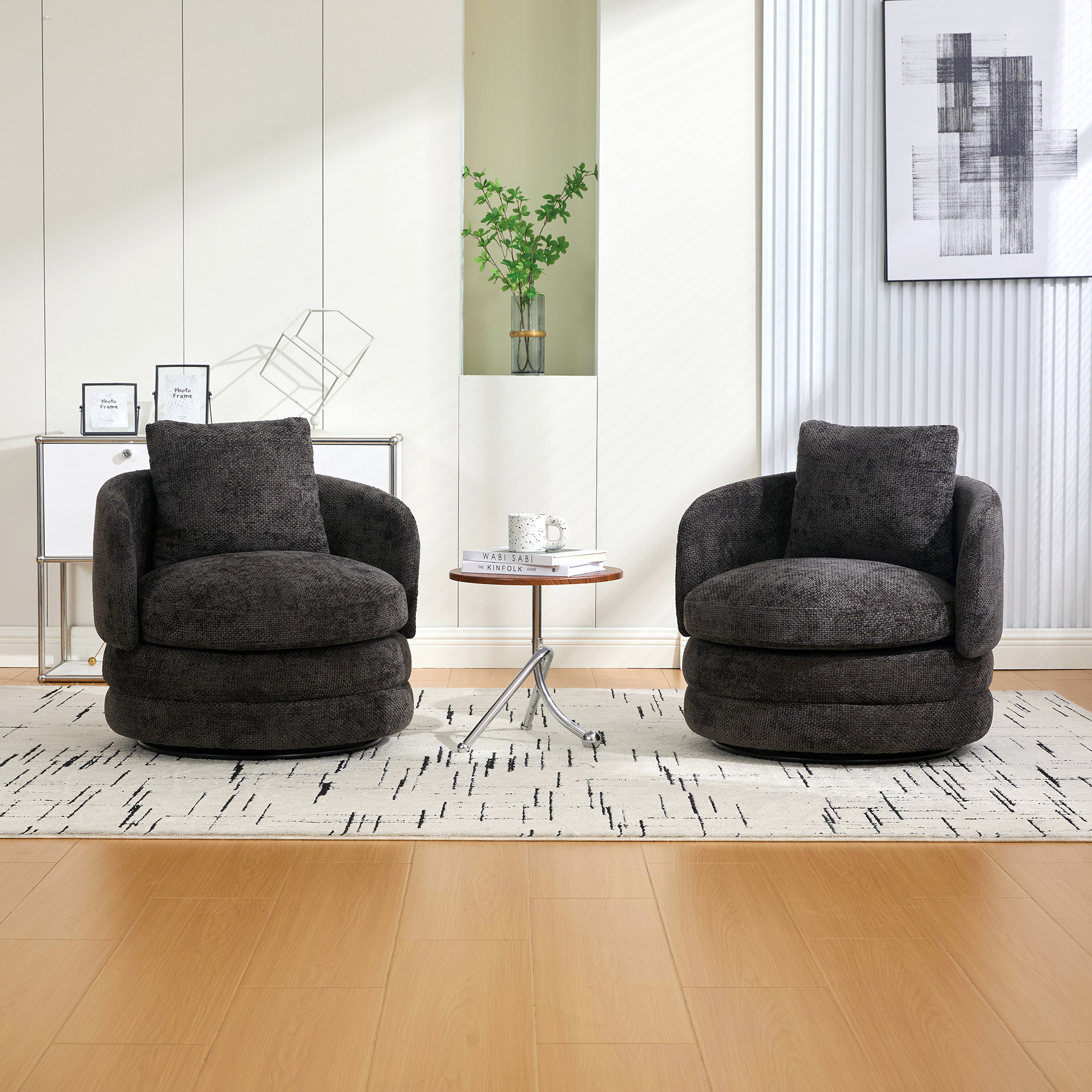 30"W Modern Round 360° Swivel Barrel Accent Chair with Pillow, Chenille Upholstered Comfy Barrel Armchair Single Club Sofa Chair for Living Room,Bedroom, Reading Room, Balcony, Lounge, Dark Gray - Image 5