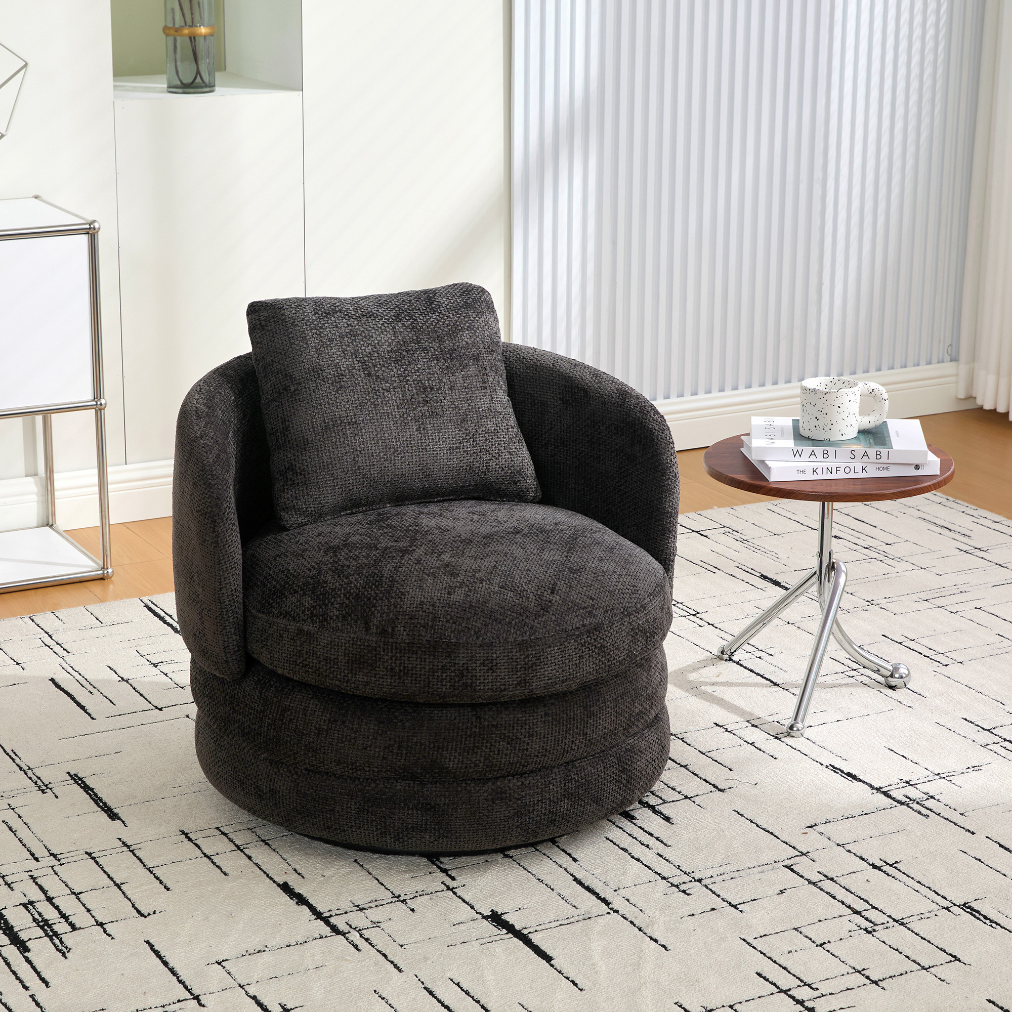 30"W Modern Round 360° Swivel Barrel Accent Chair with Pillow, Chenille Upholstered Comfy Barrel Armchair Single Club Sofa Chair for Living Room,Bedroom, Reading Room, Balcony, Lounge, Dark Gray - Image 4
