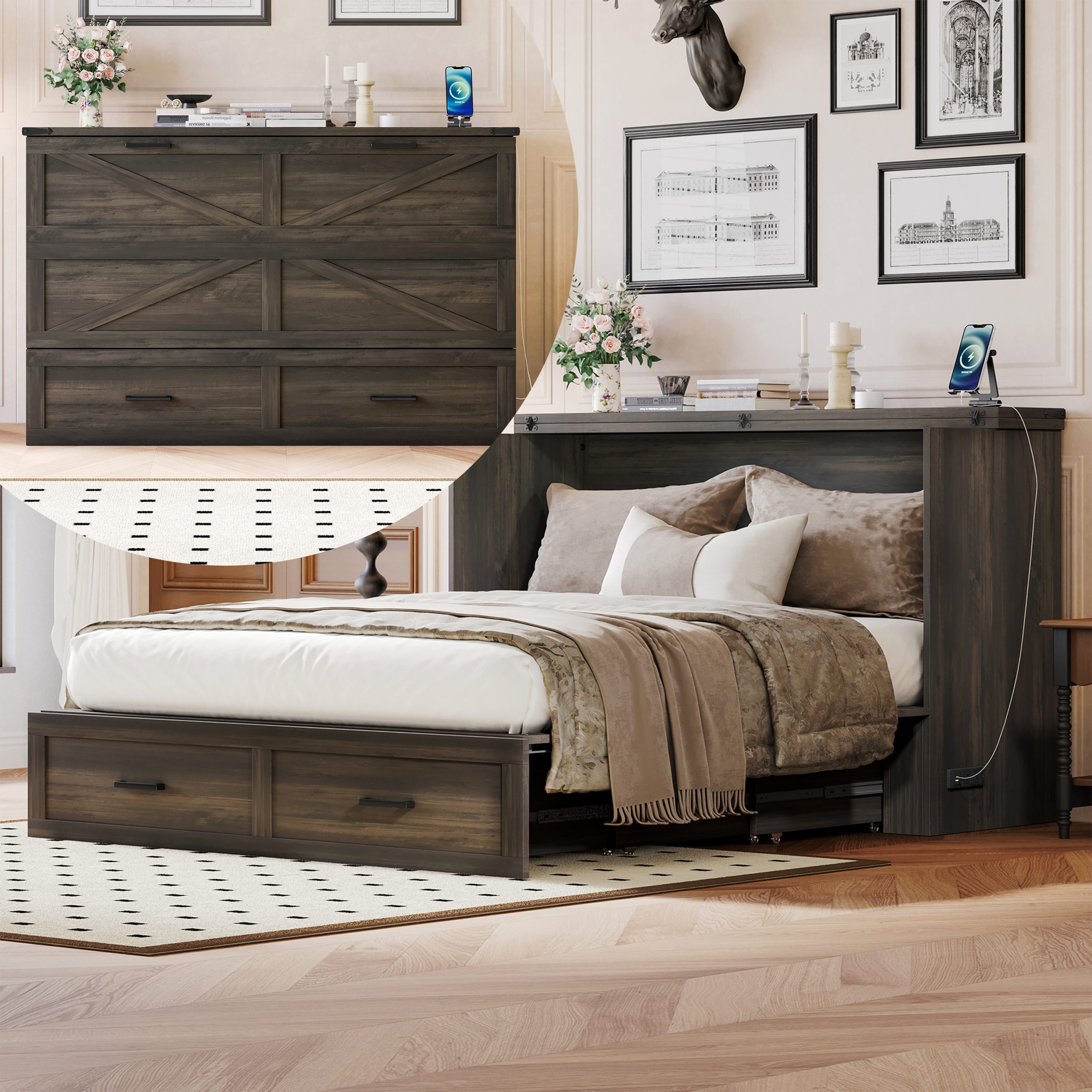 Queen Size Farmhouse Murphy Cabinet Bed with Charging Station, Foldable Platform Bed with Large Storage Drawer for Guest-Room, Small Bedroom, Rustic Gray(Old SKU: N733S237837G) - Image 1